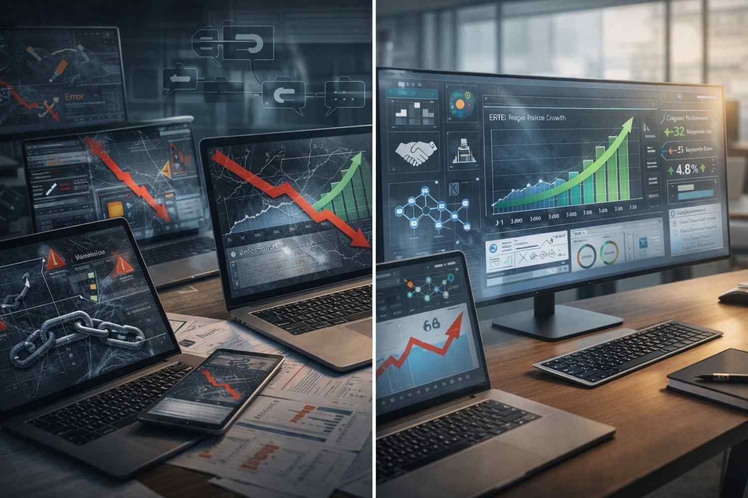 Split-screen showing SEO failure and recovery: left side with laptops displaying red downward graphs, warnings, broken links, and chains; right side with clean monitors showing rising green charts, performance dashboards, analytics icons, and growth indicators on a modern office desk.