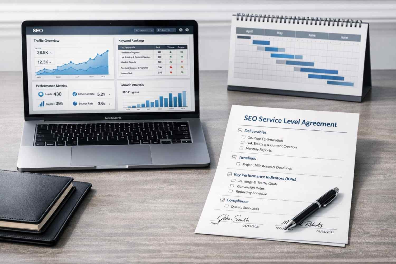 Laptop displaying SEO dashboards sits on a desk beside an “SEO Service Level Agreement” checklist with a pen, calendar timeline chart, and notebook, showing traffic graphs, keyword rankings, KPIs, deliverables, timelines, and compliance in a clean professional workspace.
