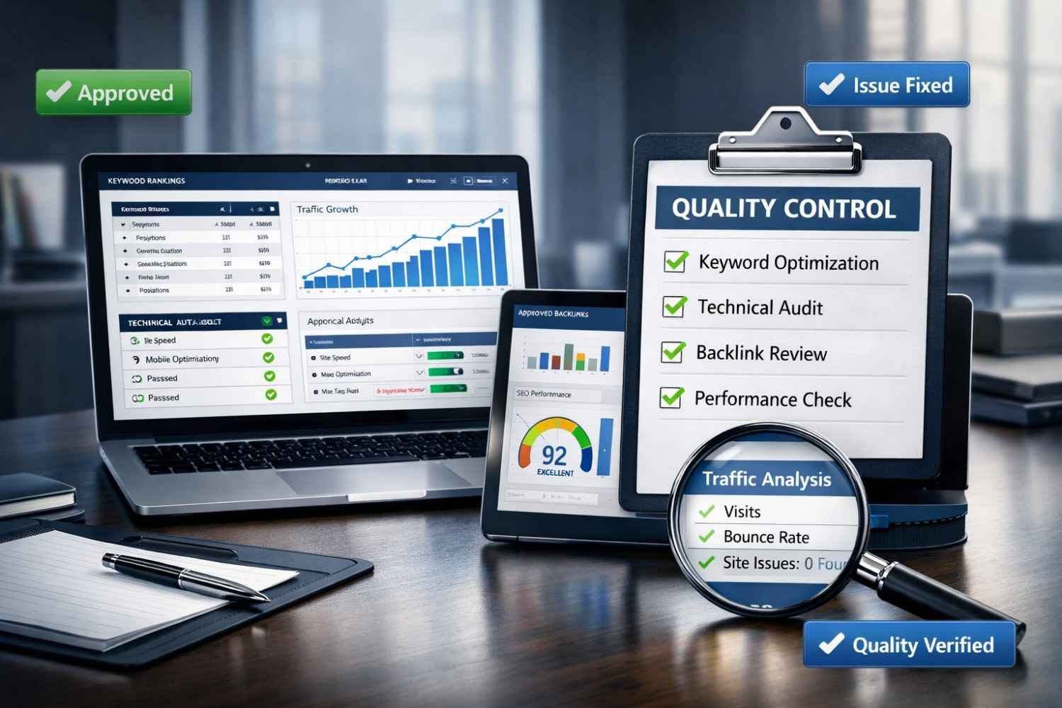 Desk scene showing laptop and tablet with SEO dashboards, traffic growth charts, and a quality-control checklist on a clipboard, plus magnifying glass over analytics, with labels like “Approved,” “Issue Fixed,” and “Quality Verified” in a modern agency office.