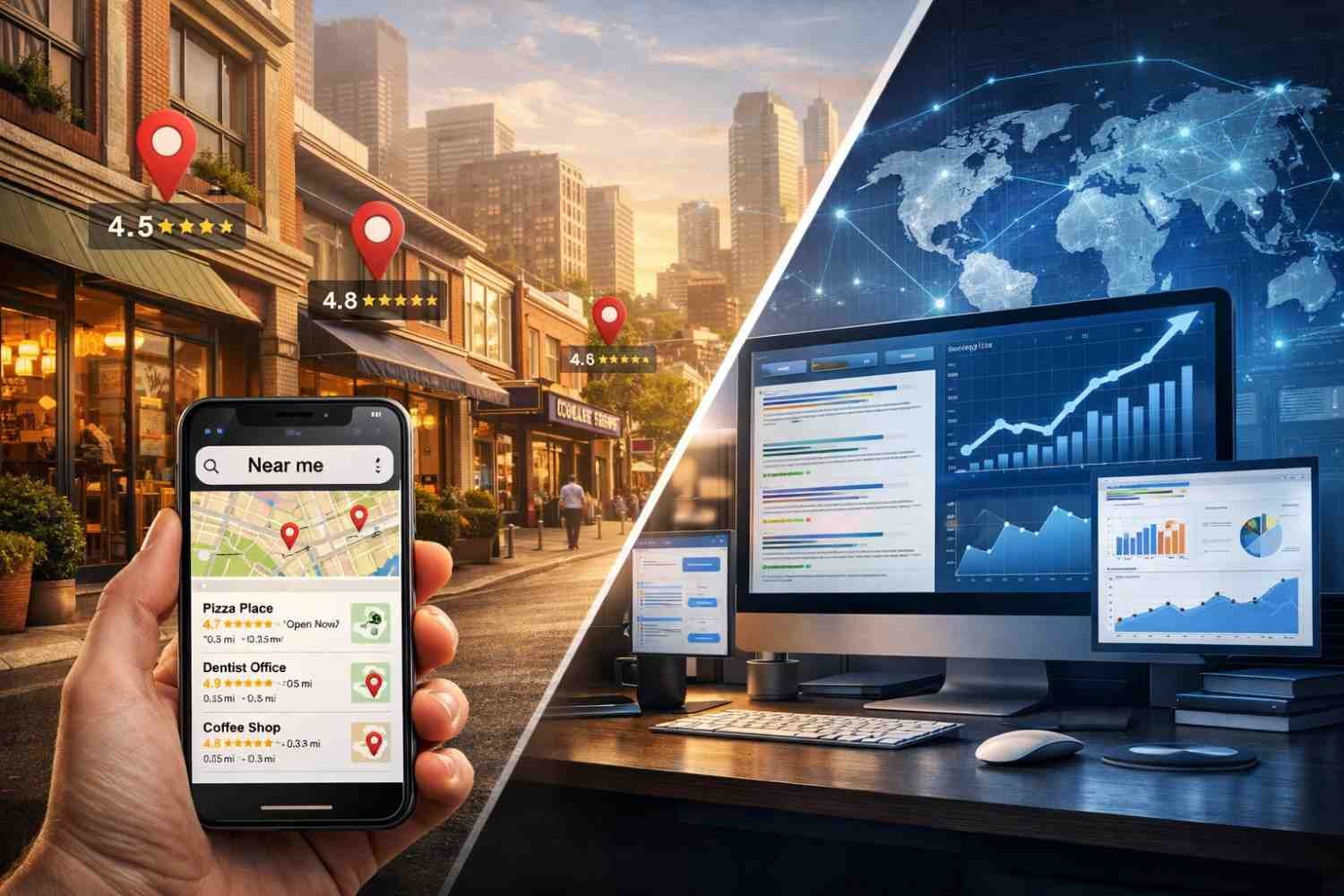 Split-screen comparison of Local SEO and Traditional SEO, showing a phone with nearby business listings, map pins, and star ratings on a city street versus a desktop analytics dashboard with global network graphics, highlighting location-based search visibility versus broader website performance tracking.