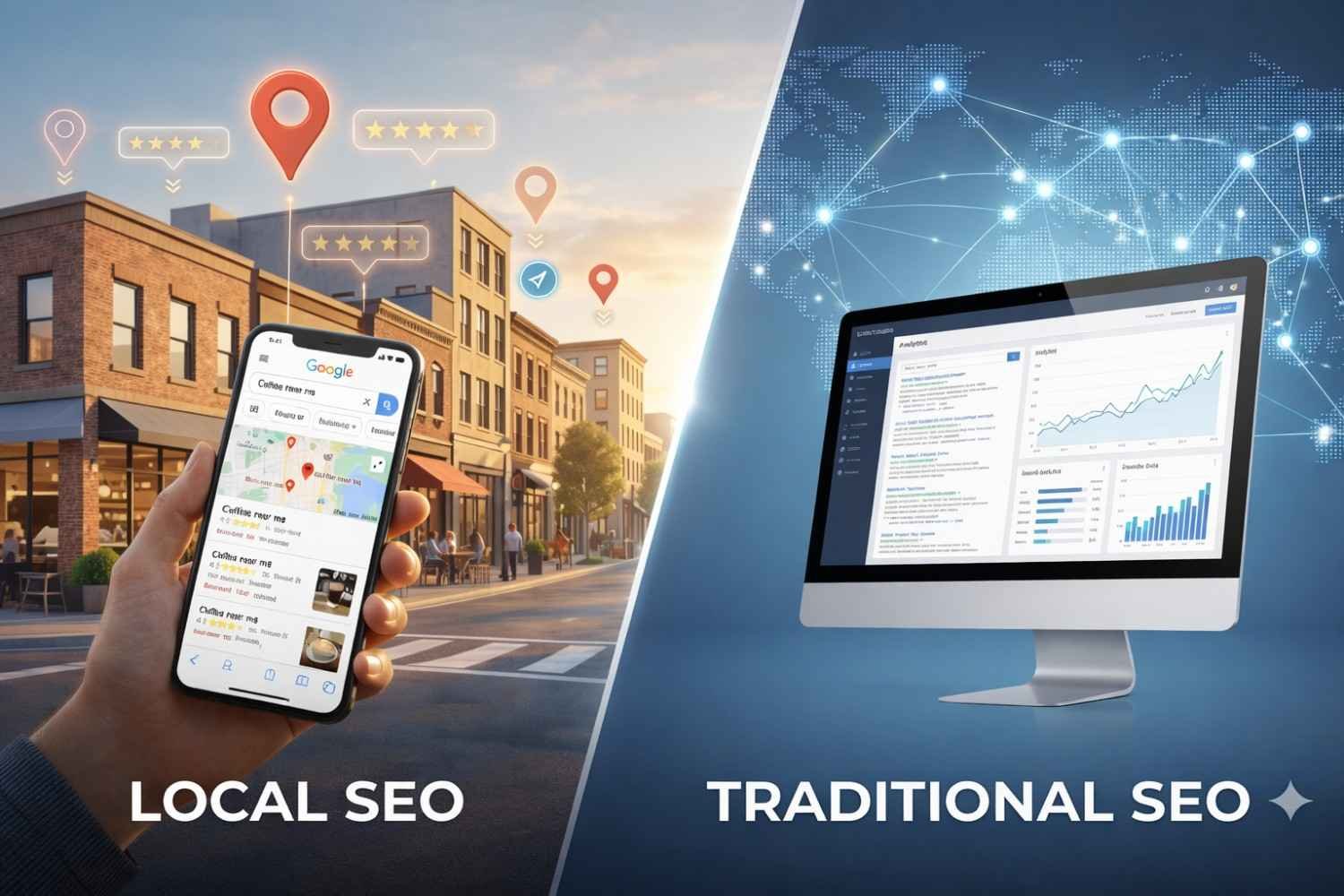 Split-screen image comparing Local SEO and Traditional SEO: a smartphone shows “near me” business listings with map pins and star ratings on a city street, while a desktop displays global analytics dashboards, traffic graphs, and world network visuals