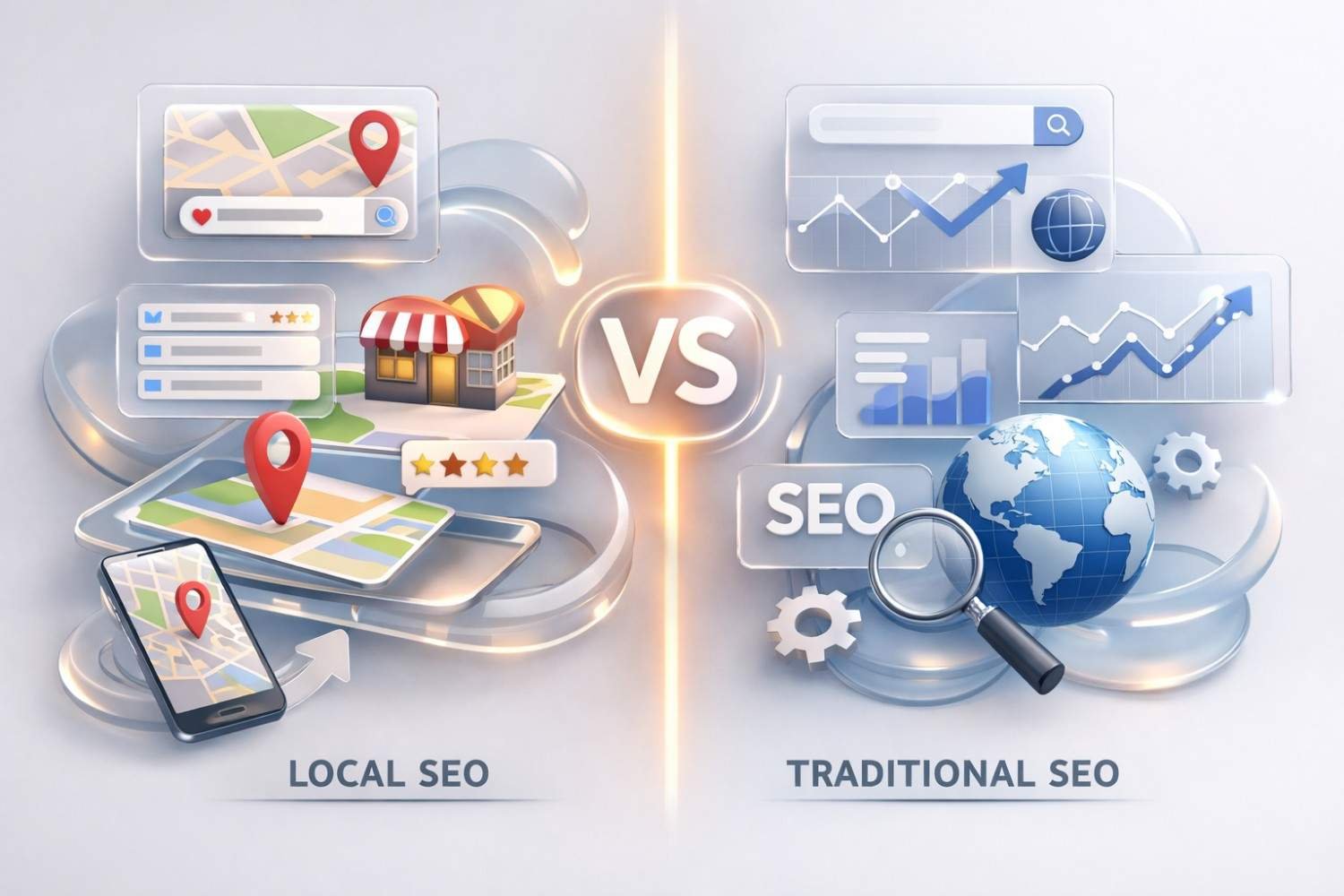 3D comparison graphic showing Local SEO versus Traditional SEO: left side features maps, location pins, storefront, star ratings, and a phone; right side shows global charts, globe, magnifying glass, analytics dashboards, and SEO icons, highlighting geographic targeting versus broad search optimization strategies.