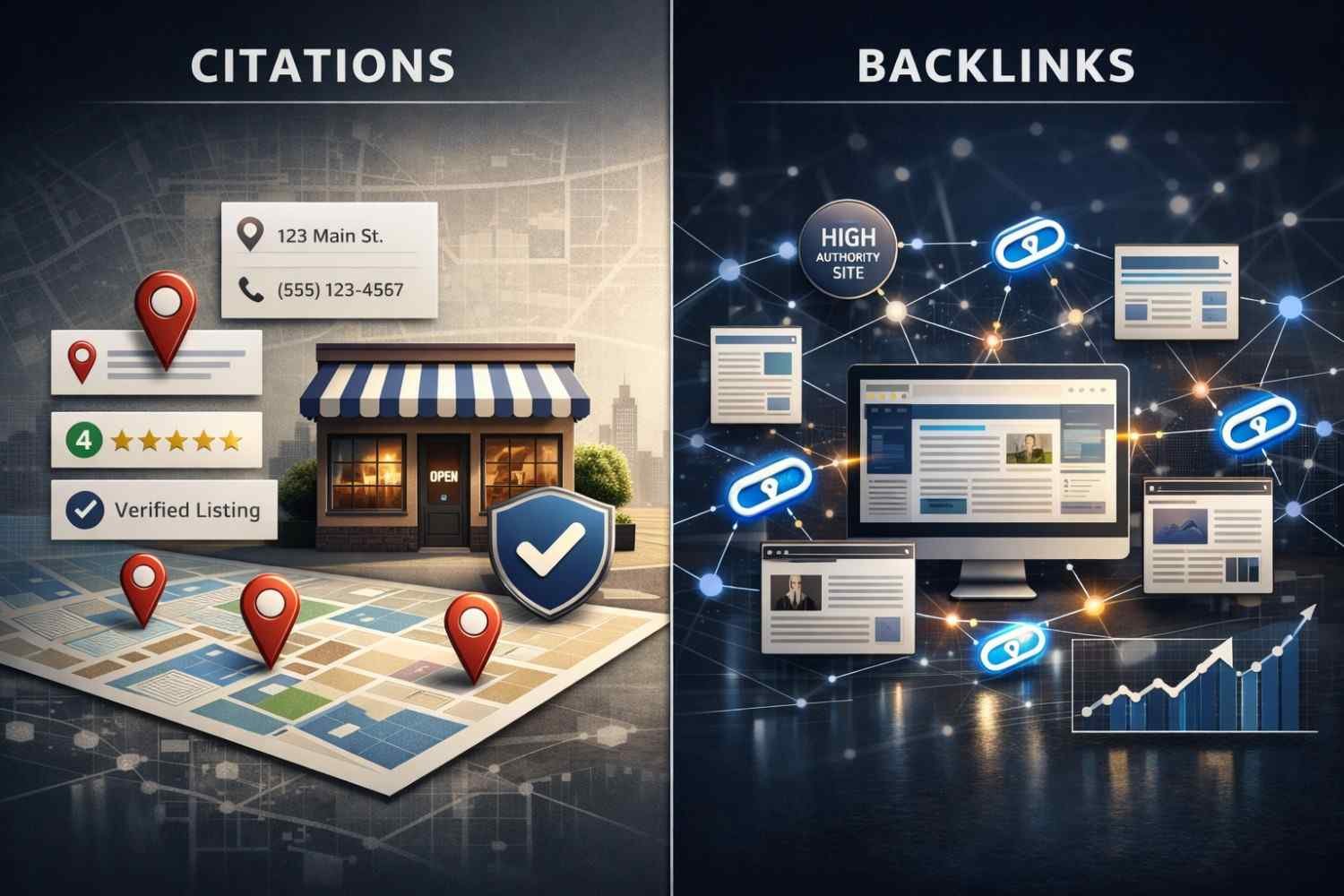 Split-screen illustration comparing citations and backlinks: left shows a local storefront with map pins, address, reviews, and verified listing icons; right shows websites connected by glowing links, authority labels, and ranking graphs, representing local business consistency versus link-based SEO authority growth.