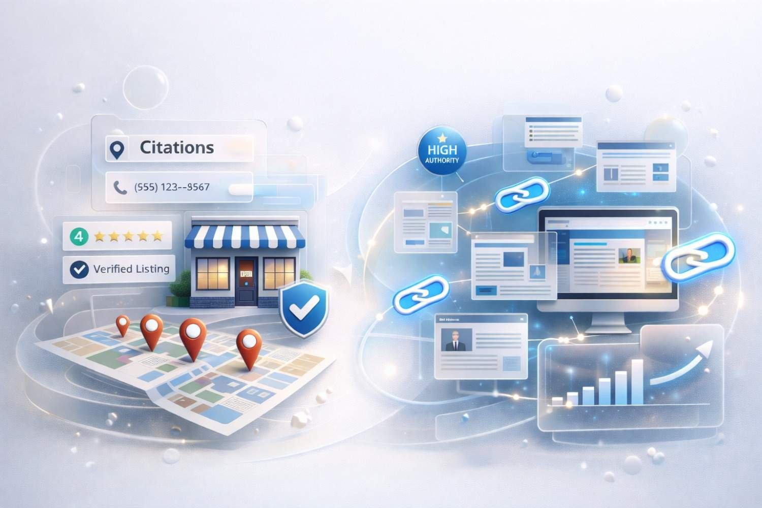 Split illustration showing citations versus backlinks: left features a local shop, address details, star ratings, verified badge, and map pins; right shows websites linked together with authority icons, charts, and growth arrows, representing local listing consistency versus backlink-driven SEO authority