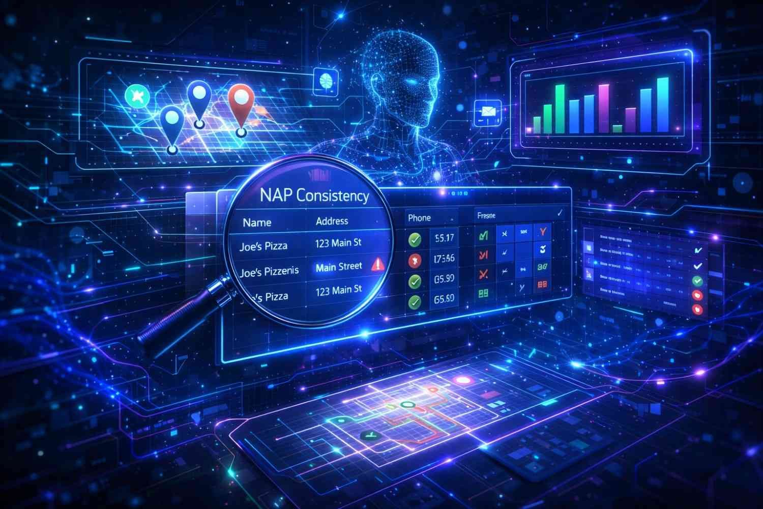 Futuristic digital interface showing a magnifying glass over NAP consistency data, business name and address checks, map pins, analytics charts, and holographic human figure, representing AI-powered local SEO auditing, citation accuracy, performance monitoring, and data-driven optimization.
