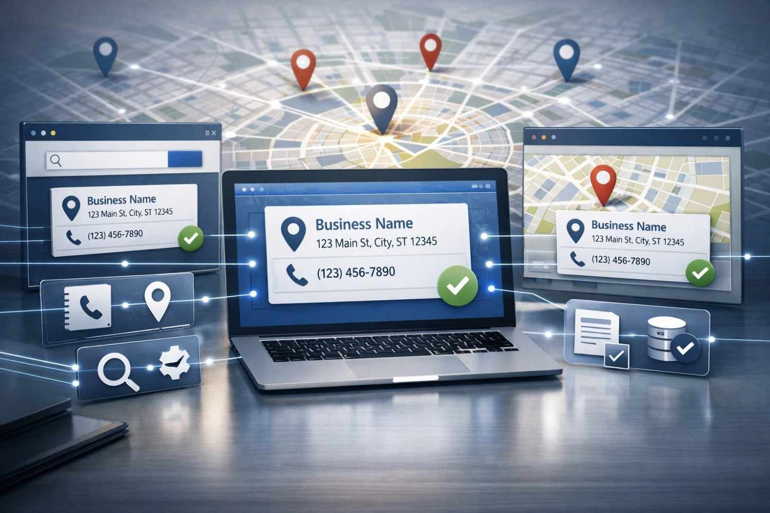 Laptop and floating panels display consistent business name, address, and phone details connected across maps with location pins and checkmarks, representing citation management, NAP consistency, and local SEO optimization for improved visibility across directories and search platforms.