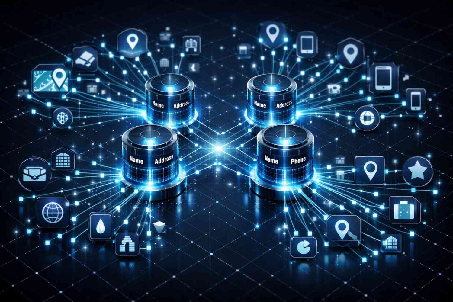 Futuristic network visualization showing databases labeled name, address, and phone connected to maps, devices, buildings, and location icons, representing NAP data distribution, citation management, local SEO infrastructure, directory syncing, and location-based information networks across digital platforms.