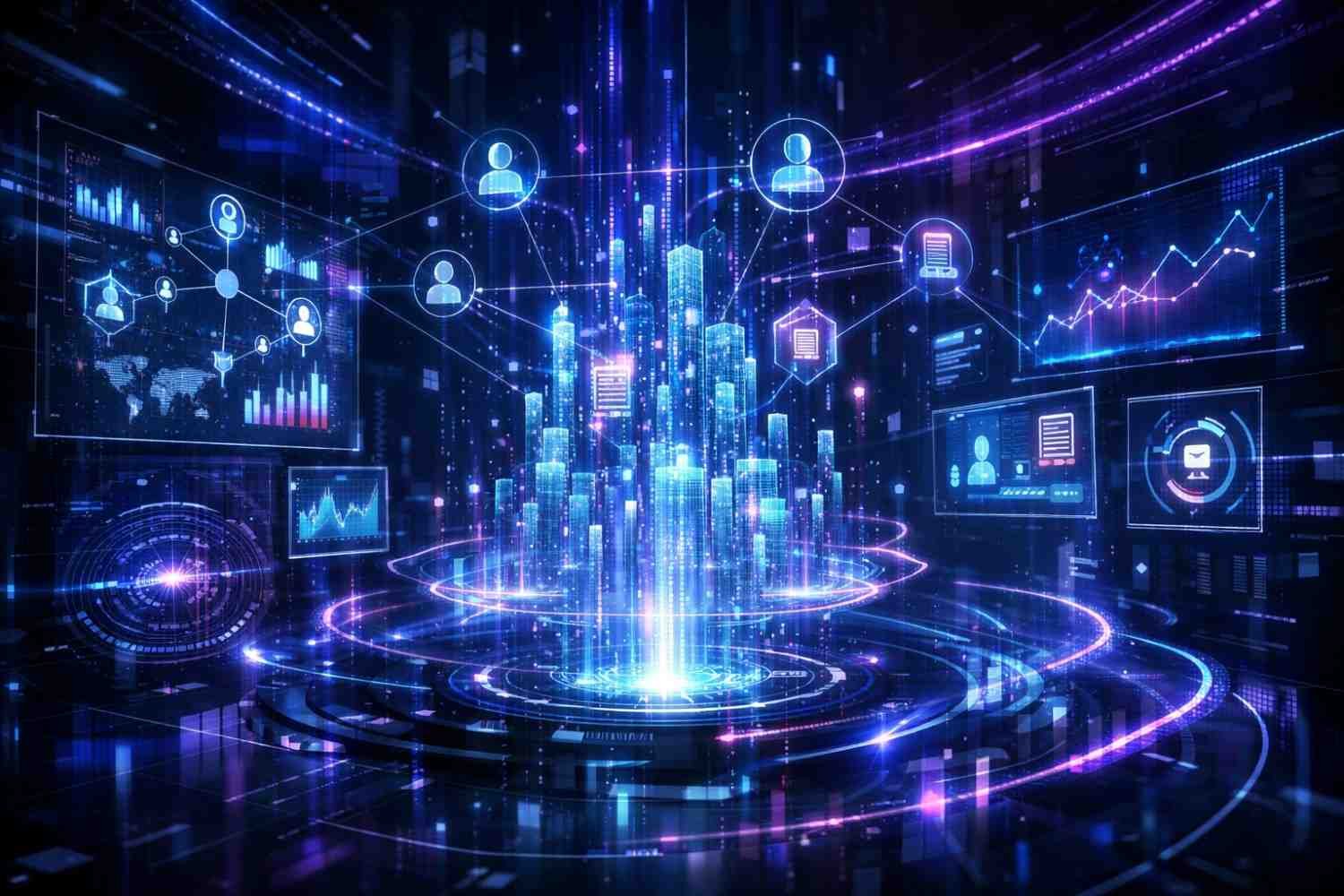 Futuristic holographic city made of data streams surrounded by analytics dashboards, user icons, graphs, and glowing network lines, representing artificial intelligence, big data processing, digital marketing ecosystems, SEO analytics, and interconnected global information systems.