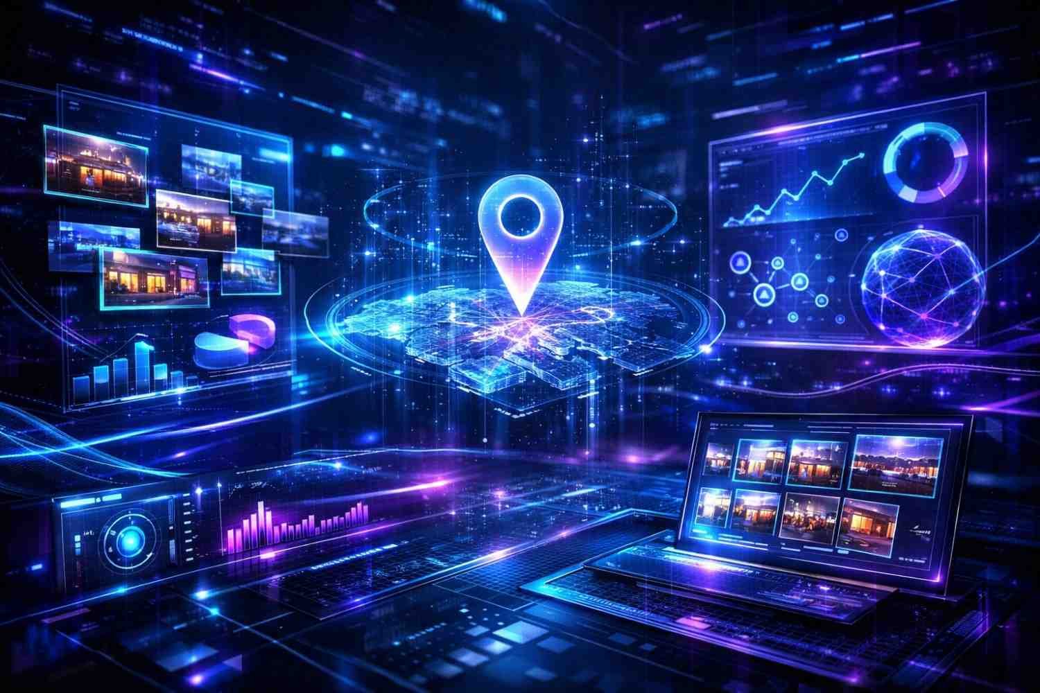 Futuristic digital dashboard with a glowing map pin over a holographic city grid, surrounded by analytics charts, photo panels, graphs, and a laptop display, representing local SEO tracking, geolocation data, business performance metrics, and advanced marketing visualization technology.