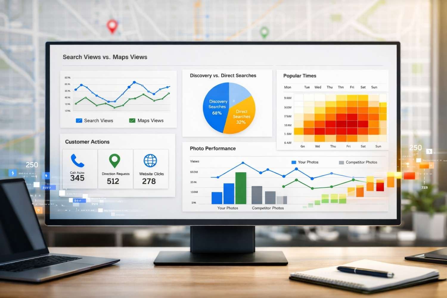 Desktop monitor displaying a local SEO analytics dashboard with charts for search versus map views, discovery searches, popular times heatmap, customer actions, and photo performance, sitting on a desk with a laptop and notebook in a modern office setting.
