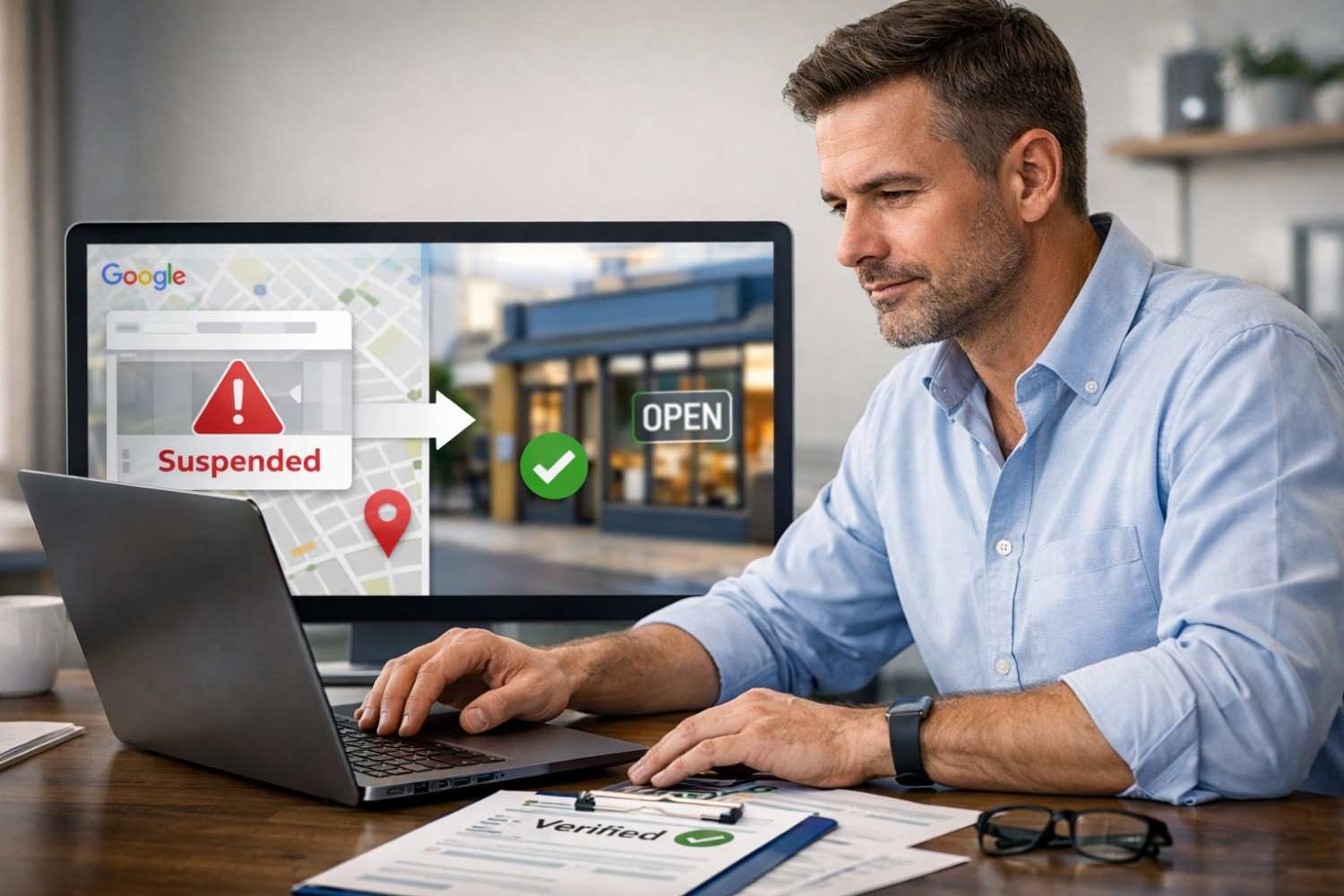 Man working on a laptop at a desk while a monitor behind him shows a Google listing changing from “Suspended” to “Open” with a checkmark, alongside a verified document, representing business reinstatement, local SEO recovery, and profile verification process.