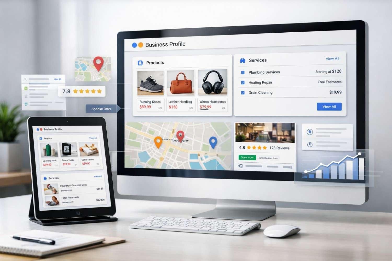 Modern office desk with a large monitor and tablet displaying a Google Business Profile dashboard, products, services, reviews, star ratings, analytics charts, and local pack results, illustrating local SEO management, reputation tracking, and business performance optimization.