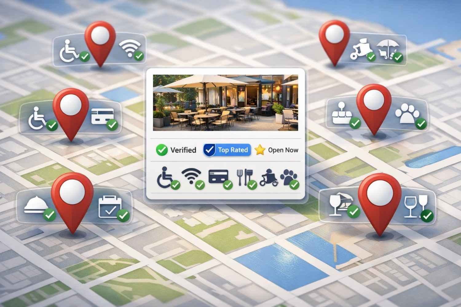 Map interface highlighting a restaurant listing labeled verified, top rated, and open now, surrounded by red location pins and amenity icons like wheelchair access, Wi-Fi, cards accepted, outdoor seating, pets allowed, and drinks, illustrating local search visibility and business features.