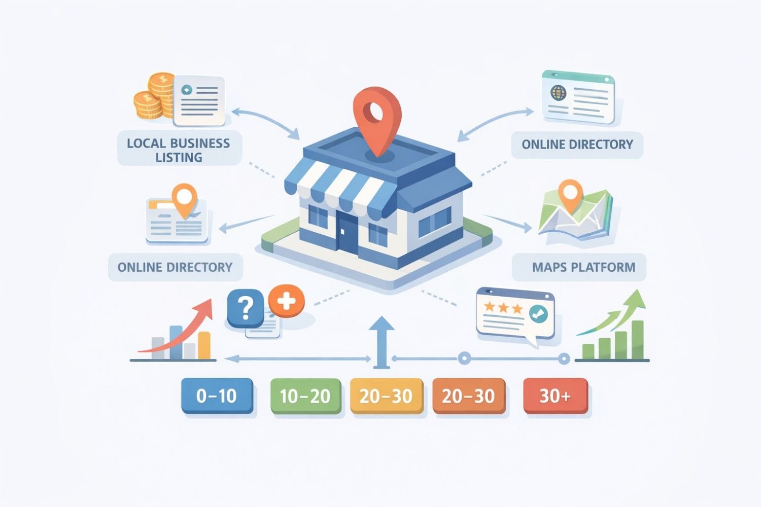 Illustration of a storefront with a location pin connected to online directories, maps platforms, reviews, charts, and growth indicators, showing local business listings, citation levels, and rising performance metrics with labeled ranges from 0–10 to 30+.