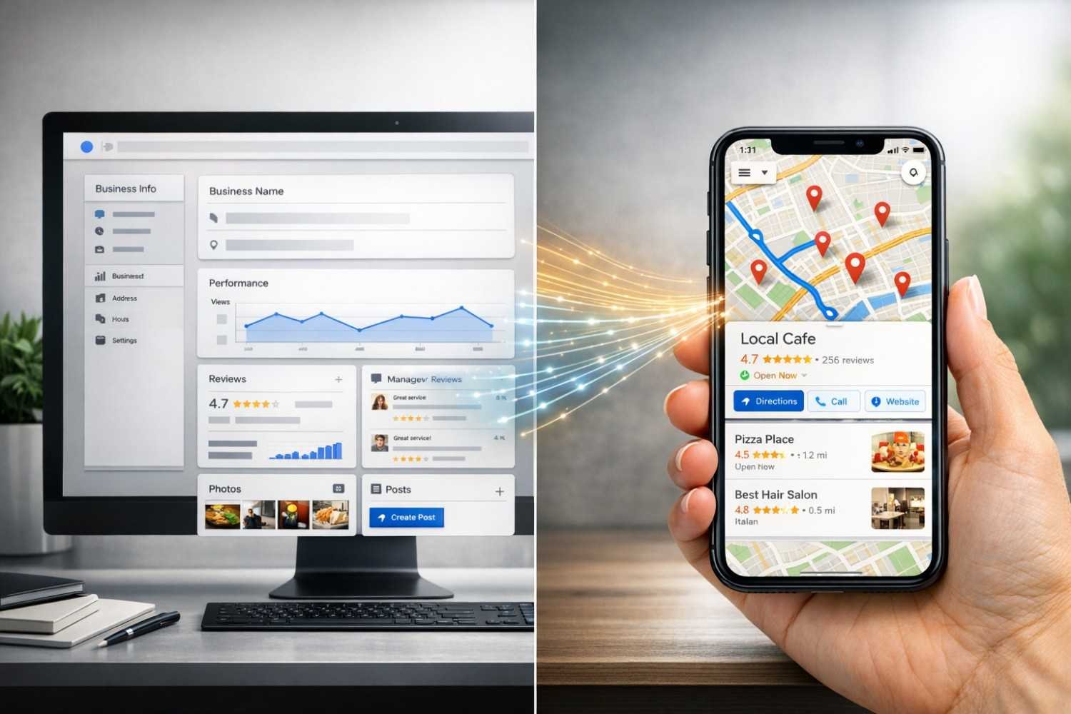 Split-screen image showing a desktop business dashboard with performance graphs, reviews, and photos on the left, and a hand holding a smartphone with a map-based local search result listing cafes and shops on the right, connected by glowing data streaks.