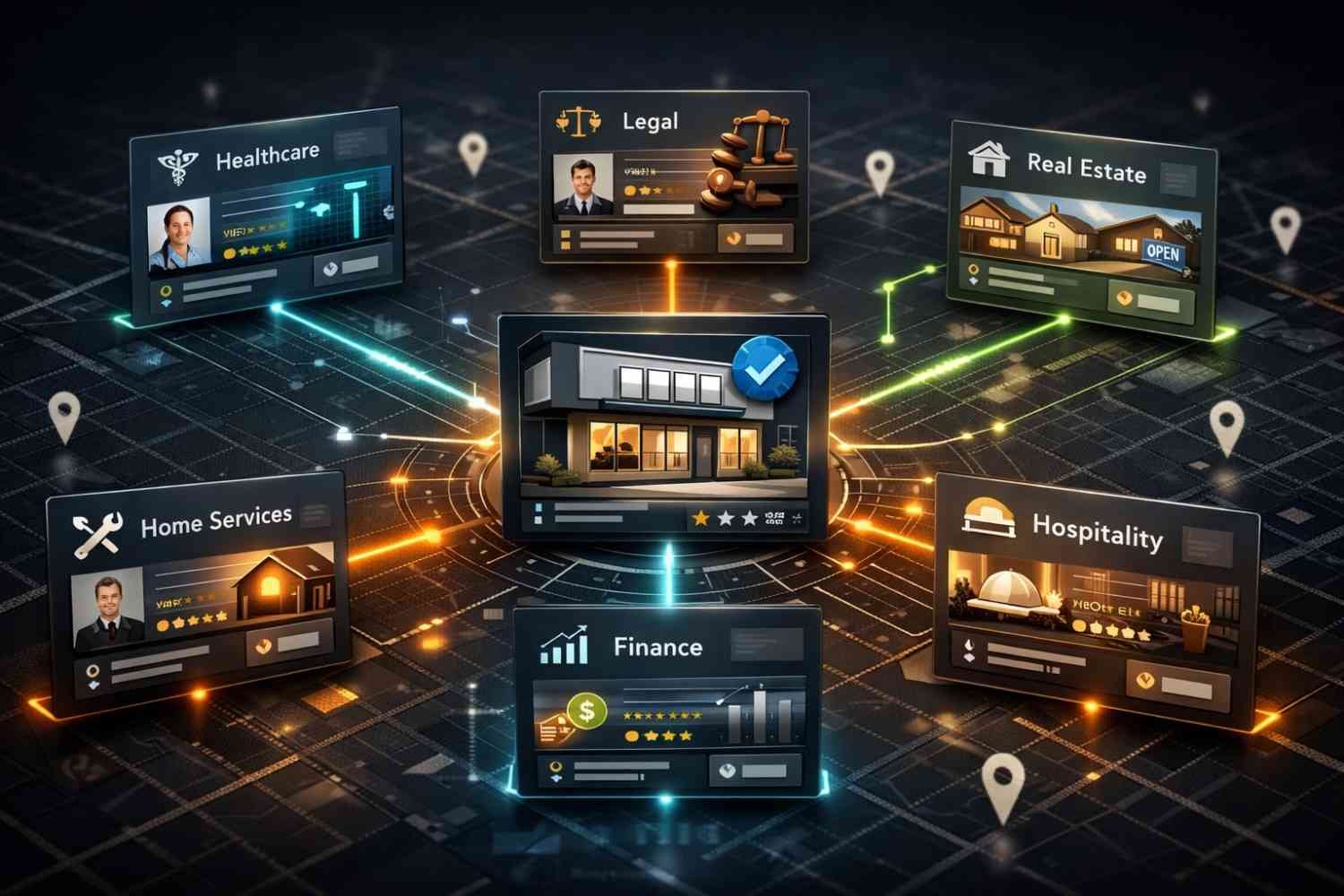 Futuristic dashboard illustration showing a central “Business Hub” panel connected by glowing data paths to industry cards labeled healthcare, legal, home services, real estate, hospitality, and finance, representing interconnected local business platforms, directories, and category-based data networks.