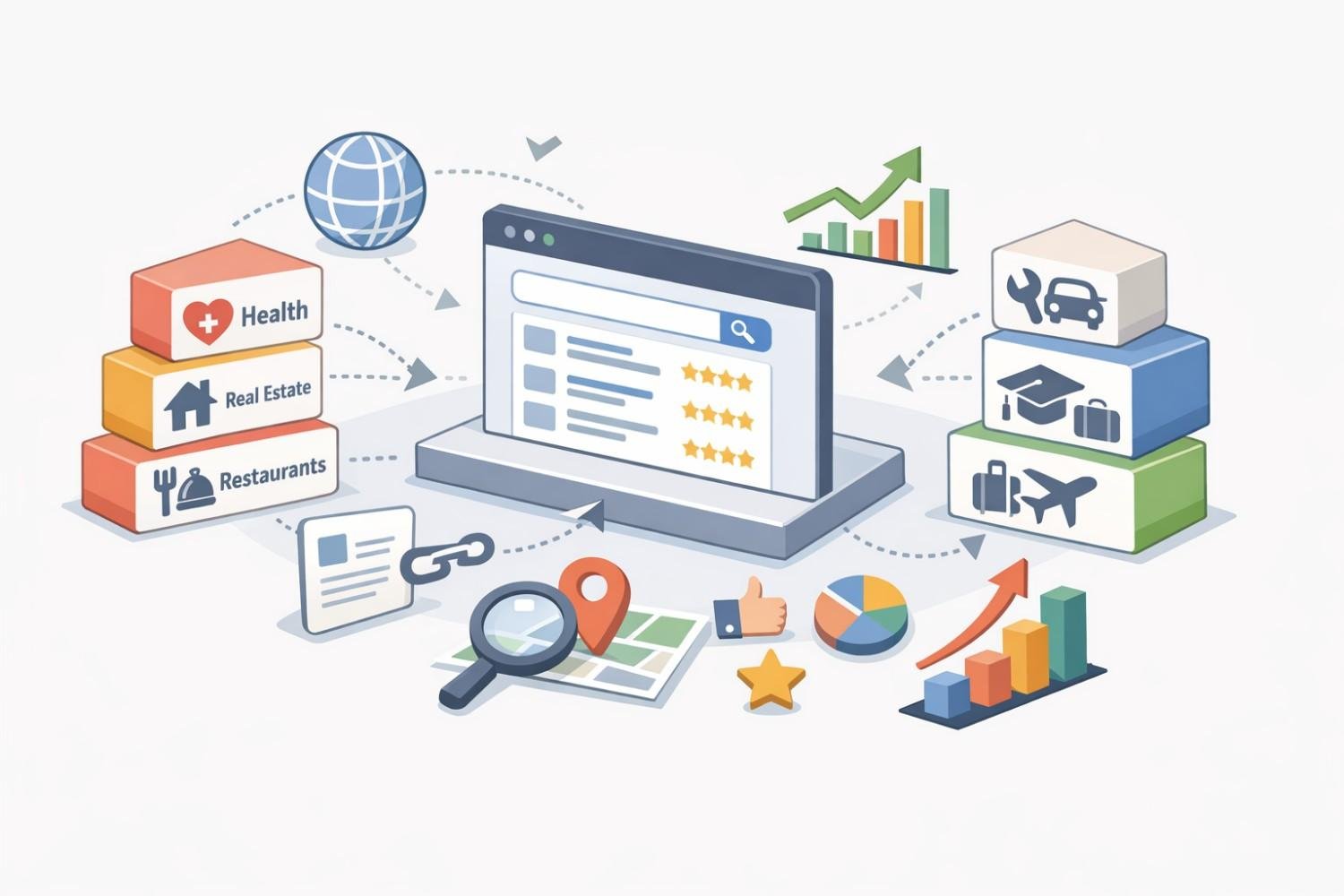 Illustration of a laptop showing local search results with star ratings, surrounded by category blocks for health, real estate, restaurants, travel, and services, plus icons for maps, links, reviews, analytics charts, and growth arrows representing local SEO, directories, and performance tracking.