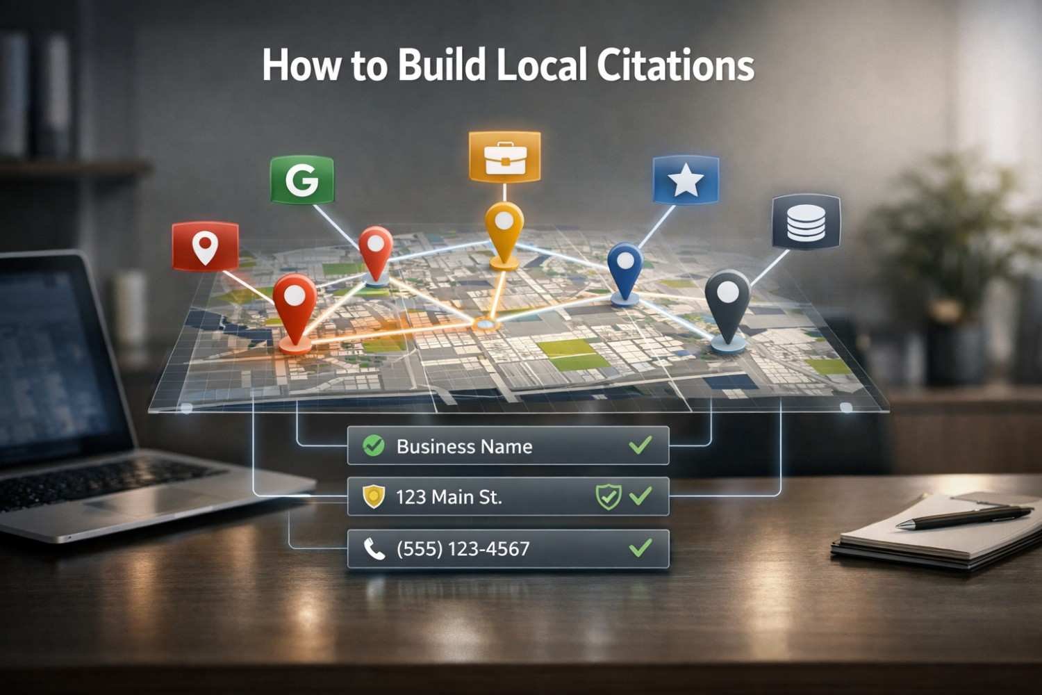 Modern office desk with a widescreen monitor showing a city map covered in location pins and NAP details—business name, address, phone—marked verified, alongside floating directory logos like Google Maps and Yelp, illustrating citation management, local SEO validation, and listing consistency.