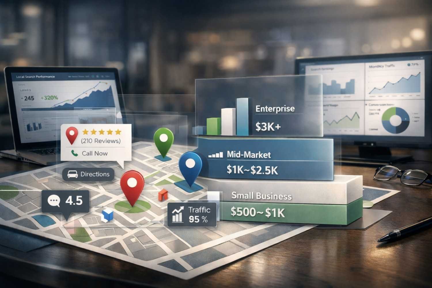 Office desk scene with a printed city map, glowing location pins, review and call-to-action icons, and stacked pricing tiers for small business, mid-market, and enterprise, while computer screens behind show local search performance charts and traffic analytics.