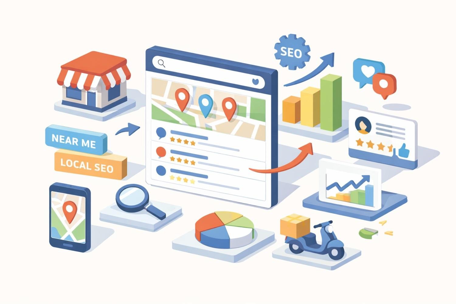 Illustration of local SEO strategy with a storefront, map search results, location pins, star ratings, growth charts, reviews, delivery scooter, analytics pie chart, and “near me” search labels, showing how businesses improve visibility, traffic, and rankings through optimization and customer feedback.