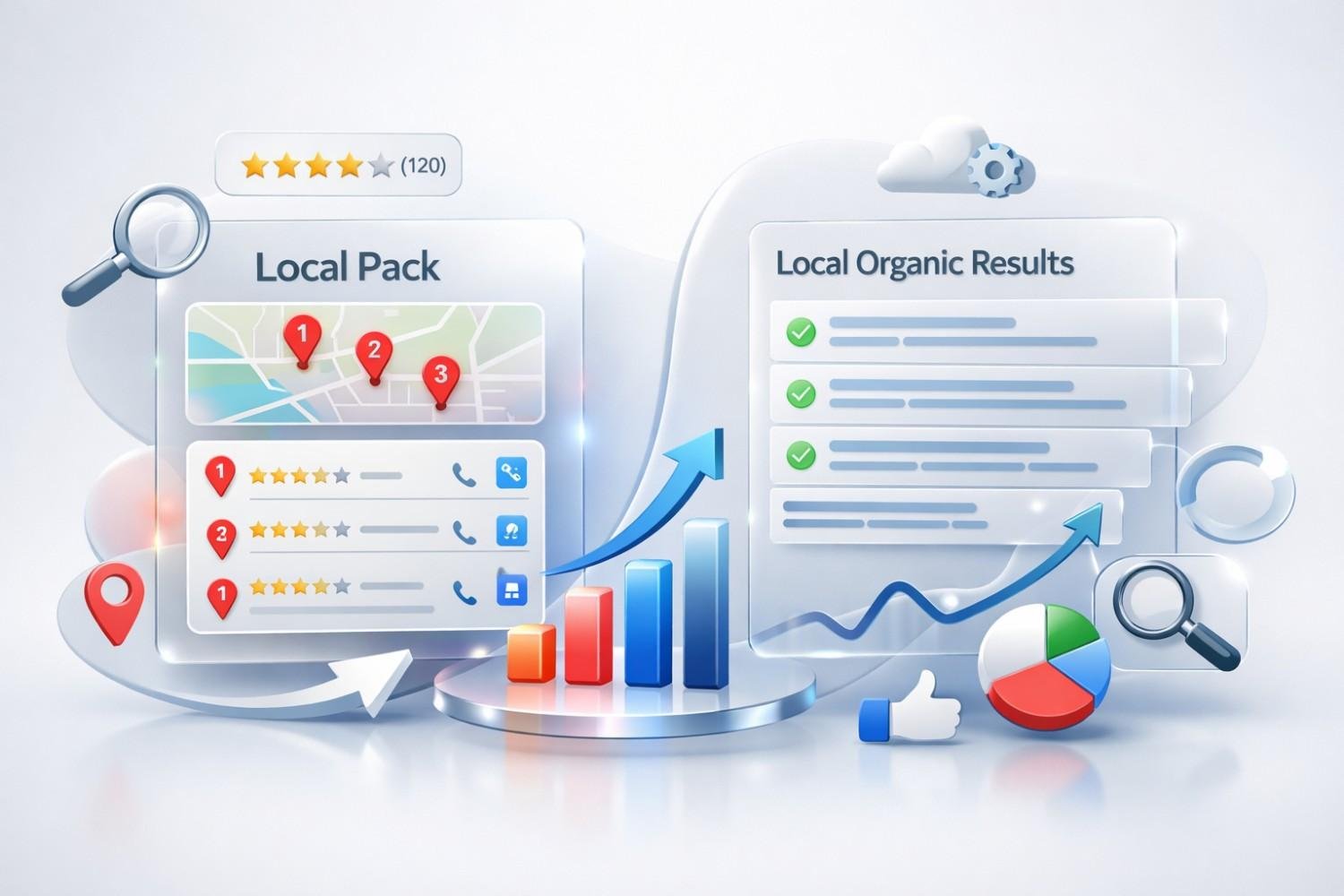 Illustration comparing Local Pack and Local Organic Results, showing map listings with pins and star ratings, organic search cards, upward arrows, bar charts, magnifying glasses, and analytics icons representing growth, visibility, and SEO performance in local search results.