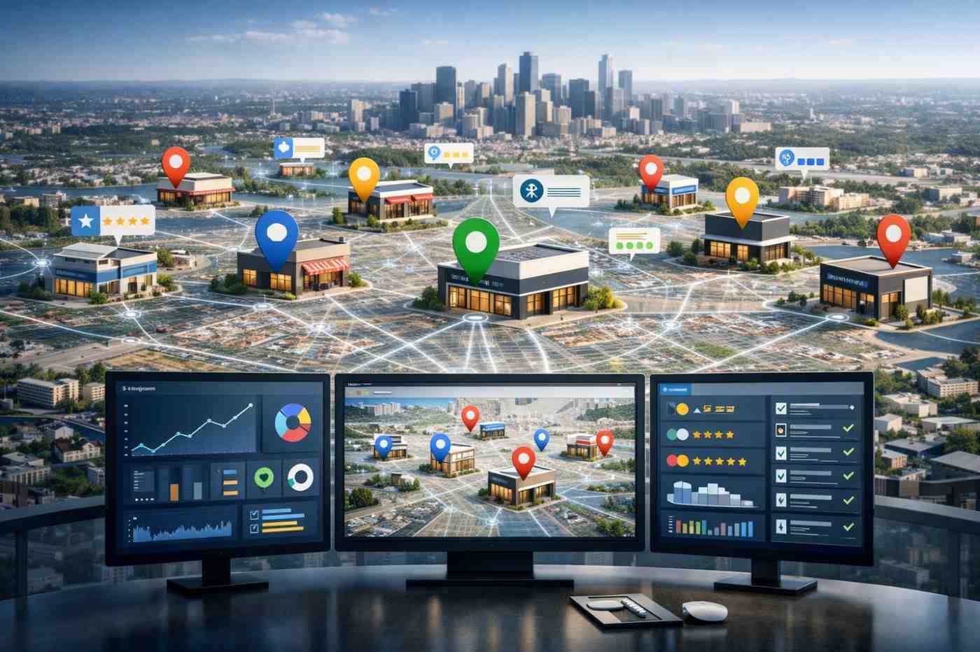 Panoramic cityscape with multiple storefronts marked by colorful location pins, connected by glowing network lines, and analytics dashboards in the foreground displaying maps, ratings, charts, and performance metrics representing large-scale local SEO tracking and business visibility.