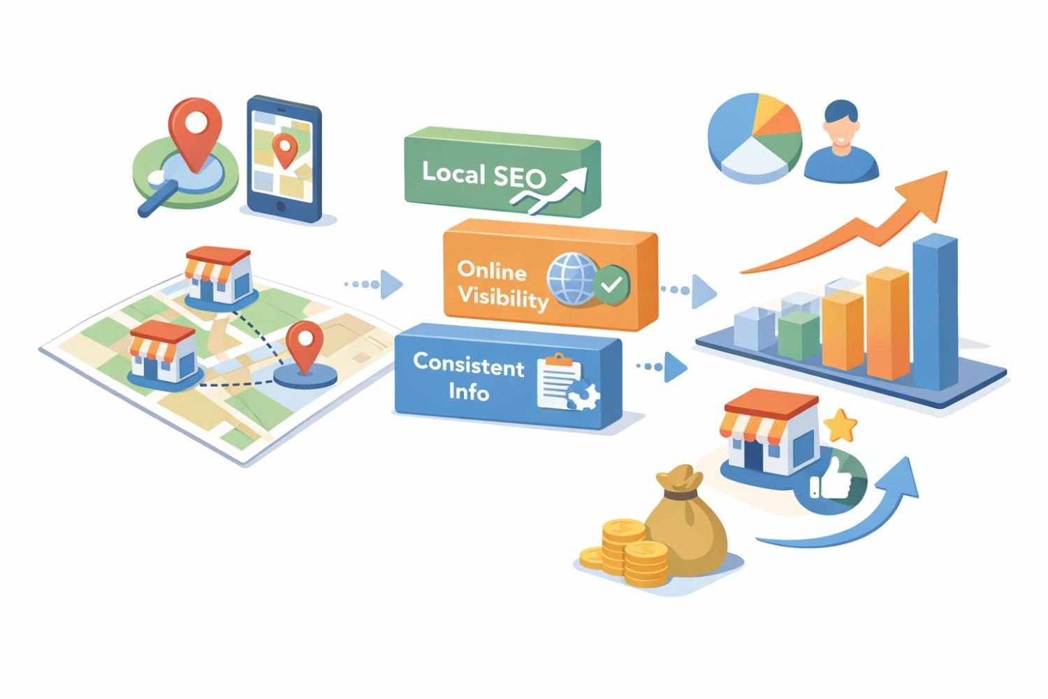 Illustration showing local SEO workflow with maps and storefront pins feeding into “Local SEO,” “Online Visibility,” and “Consistent Info,” leading to rising charts, customer icons, reviews, likes, and revenue growth symbols for improved local business performance.
