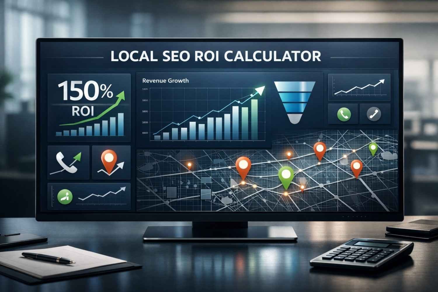 Large monitor displaying a “Local SEO ROI Calculator” dashboard with 150% ROI, revenue growth charts, funnel graphic, phone icons, and a city map marked by location pins, set on an office desk with a calculator, notebook, and pen.