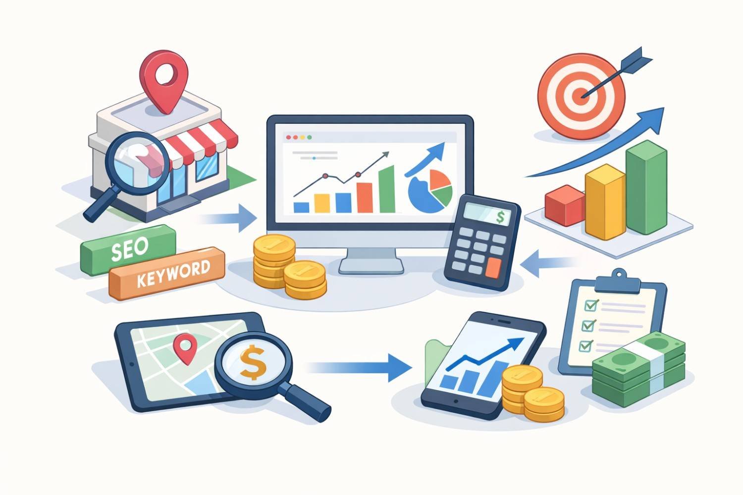 Illustration of local SEO ROI workflow showing a storefront with map pin, SEO keywords, charts on a monitor, coins, calculator, target, growth bars, smartphone analytics, checklist, and cash stacks connected by arrows to represent tracking, optimization, and business growth.