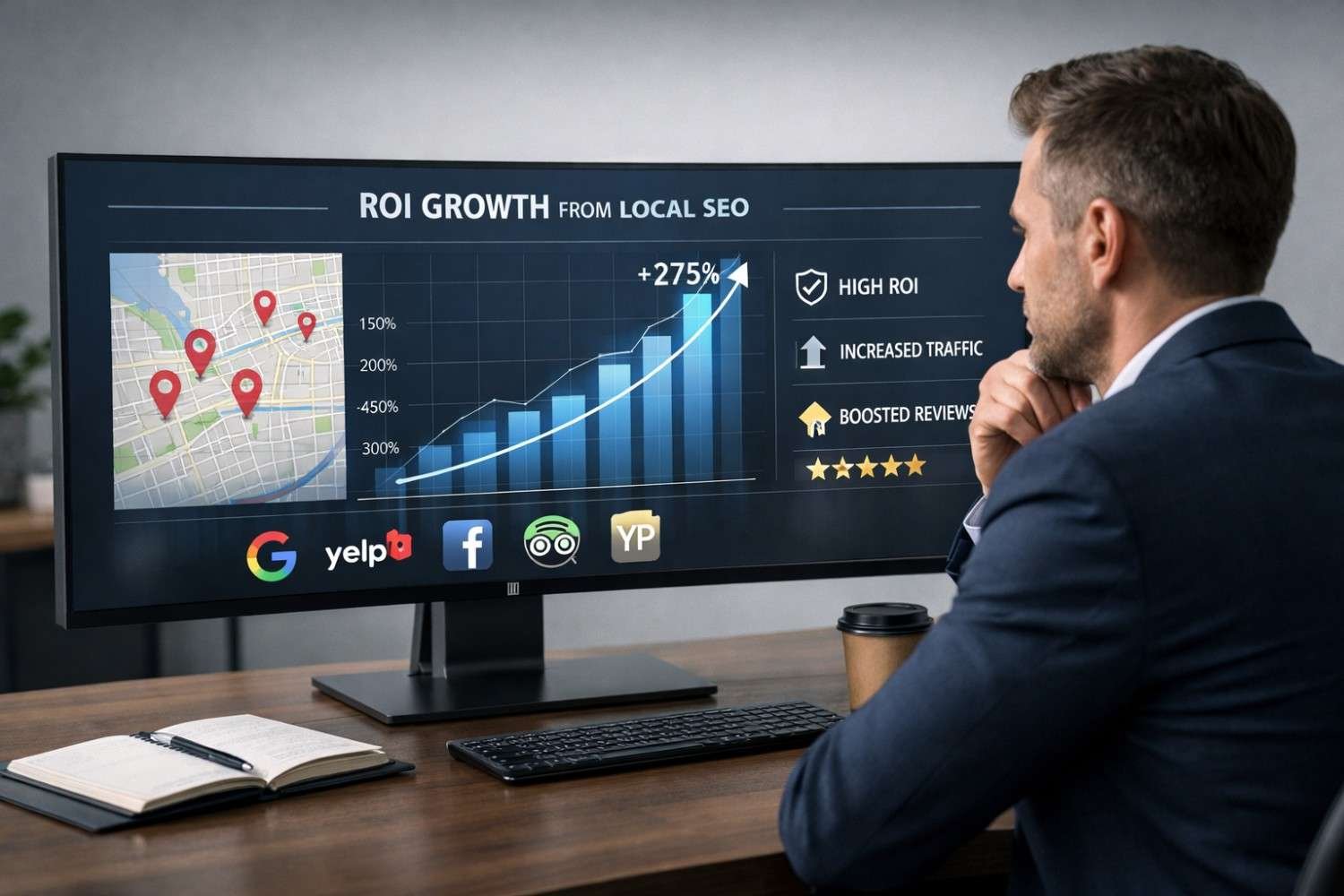 A businessman studies a widescreen monitor displaying “ROI Growth from Local SEO,” a rising bar chart to 275%, city map pins, platform logos, and icons for high ROI, increased traffic, and boosted reviews on a modern office desk.