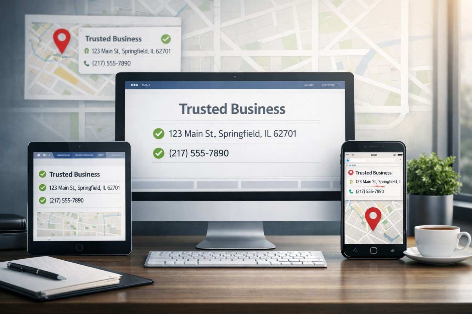 Desktop monitor, tablet, and smartphone display a “Trusted Business” listing with verified address and phone number, map background, location pin, and green checkmarks, illustrating consistent local citations and NAP accuracy across devices on an office desk.