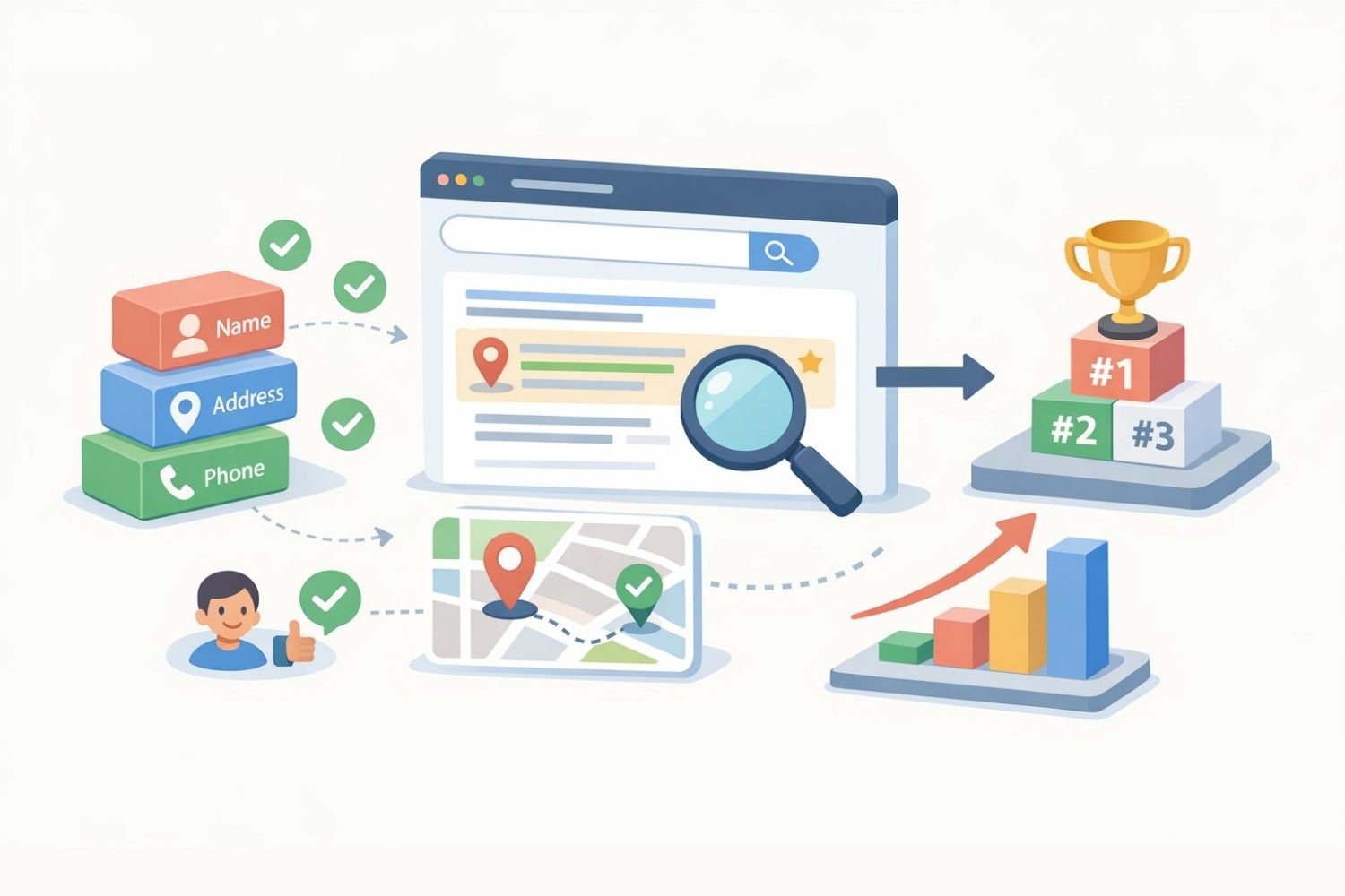 Illustration showing consistent business name, address, and phone feeding into search results and a map listing, then improving rankings, growth charts, and podium trophies, representing how accurate local citations boost visibility, trust, and top search positions.