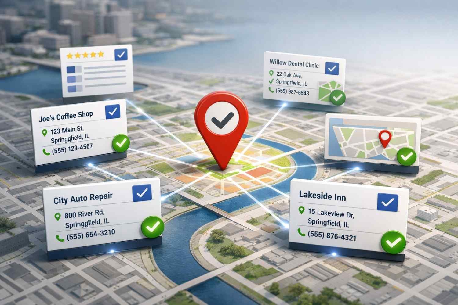 City map with a central location pin connected to verified local business listings—coffee shop, dental clinic, auto repair, and hotel—showing names, addresses, phone numbers, ratings, and checkmarks, illustrating accurate local citations and geographic SEO visibility.
