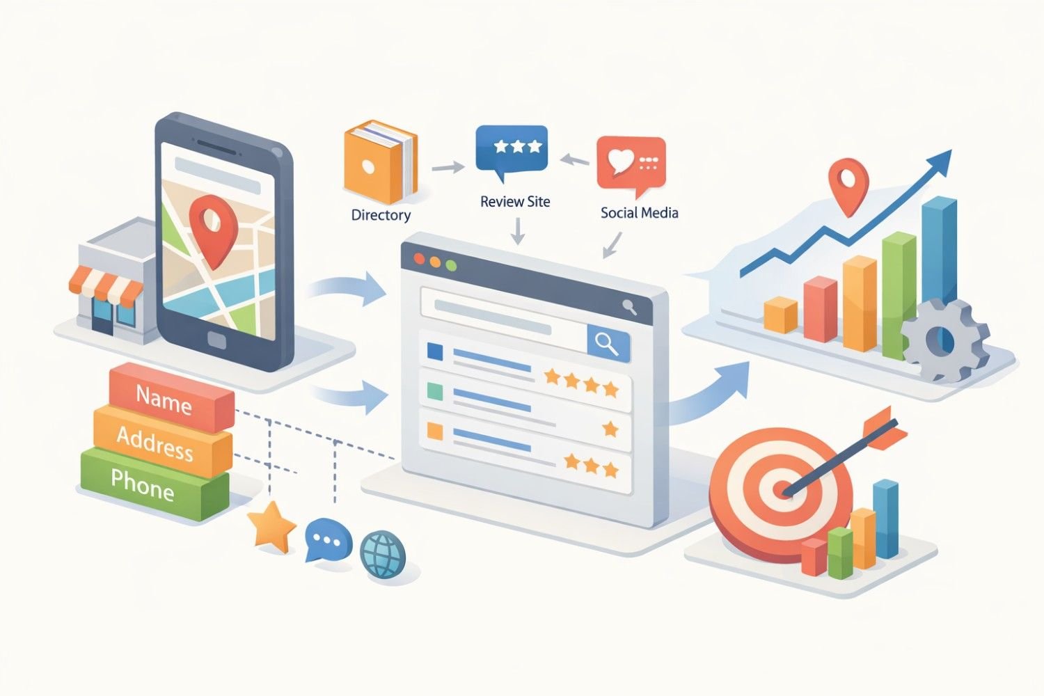 Illustration of local SEO workflow showing a mobile map pin, storefront, and stacked name-address-phone data feeding directories, review sites, and social media into search results, leading to higher rankings, growth charts, and a target icon representing improved performance and visibility