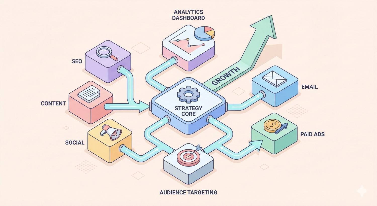 Isometric marketing strategy diagram with a central “Strategy Core” connected to SEO, content, social media, audience targeting, paid ads, email, and an analytics dashboard, all feeding into an upward growth arrow, illustrating an integrated digital marketing system driving business growth.