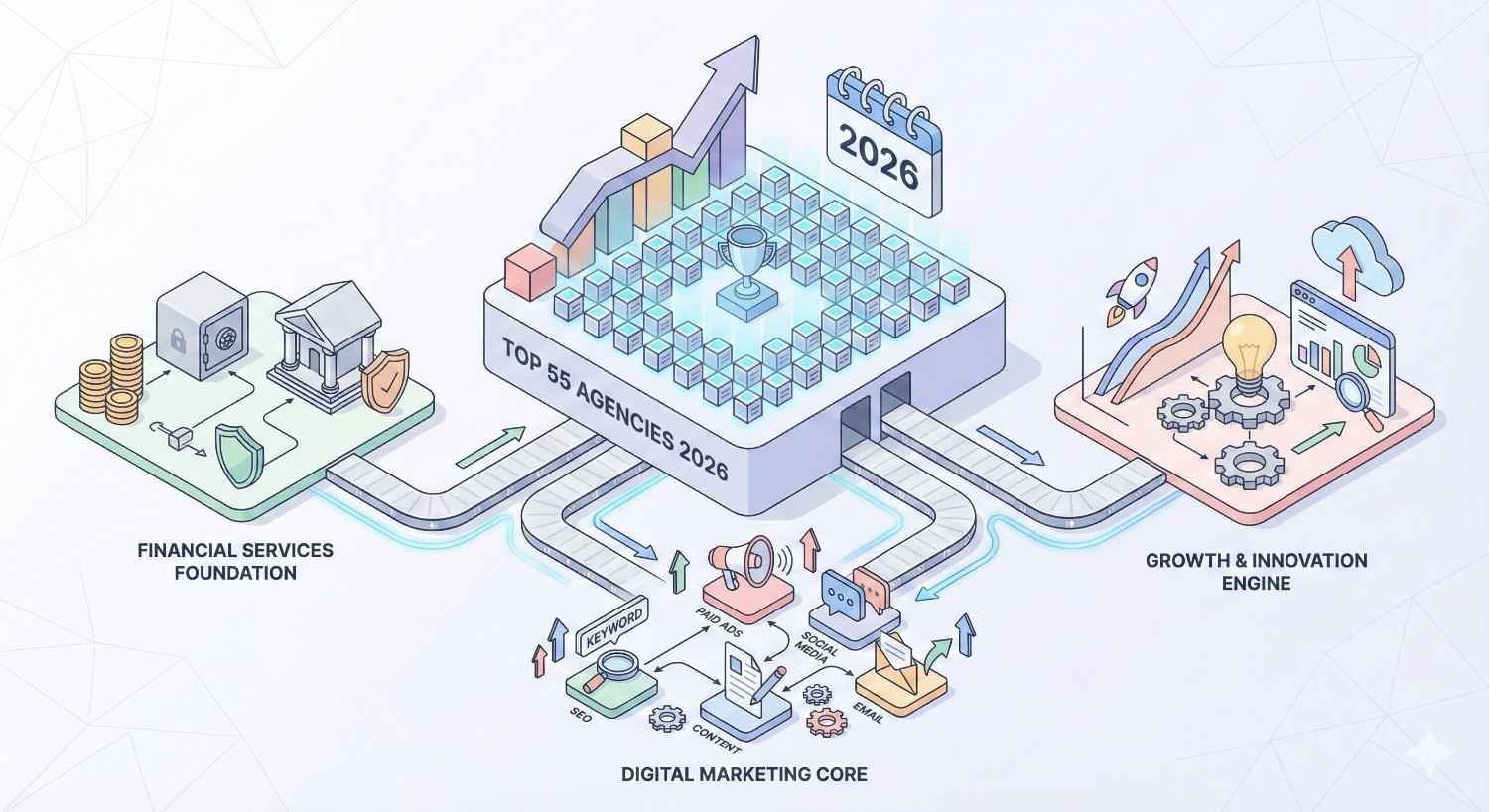 Isometric infographic showing “Top 55 Agencies 2026” on a central platform linked to financial services foundations, a digital marketing core, and a growth and innovation engine, with arrows, charts, trophies, and upward trend icons.