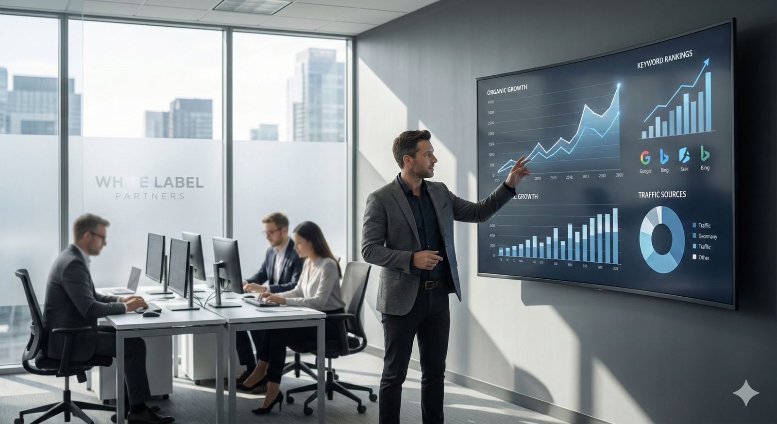 Marketing professional presenting organic growth and keyword ranking charts on a large screen in a bright office, while team members work at computers behind him, with city skyline views and “White Label Partners” branding on glass walls.