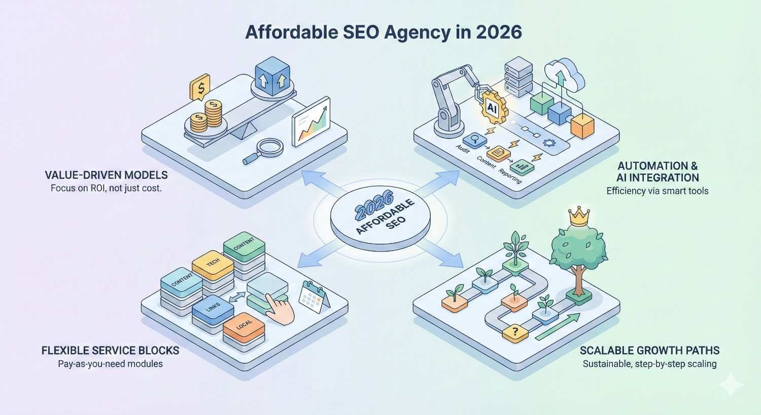 Illustration titled “Affordable SEO Agency in 2026” showing four panels around a central hub: value-driven pricing, automation and AI tools, flexible service blocks, and scalable growth paths with charts, robots, stacked modules, and plant icons.