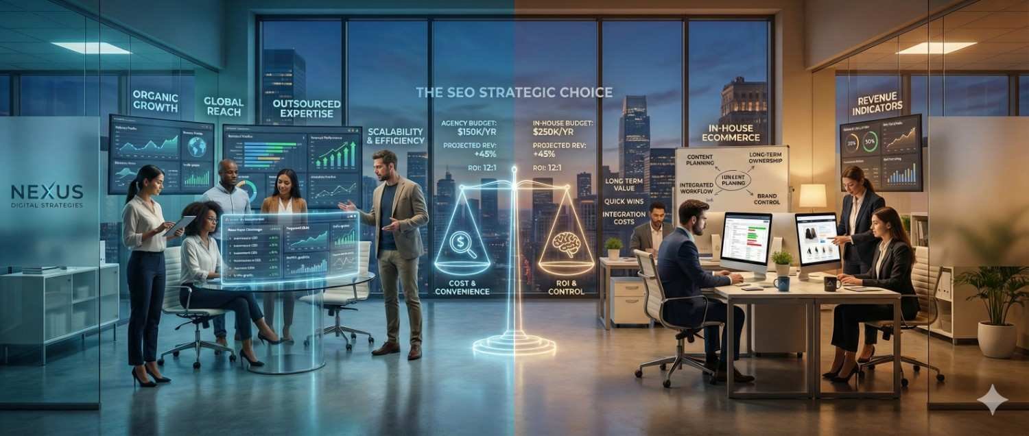 Split office scene showing teams comparing outsourced versus in-house SEO strategies, with dashboards for organic growth, global reach, budgets, ROI, and revenue indicators, and a central scale graphic labeled “The SEO Strategic Choice” balancing cost, convenience, and control.