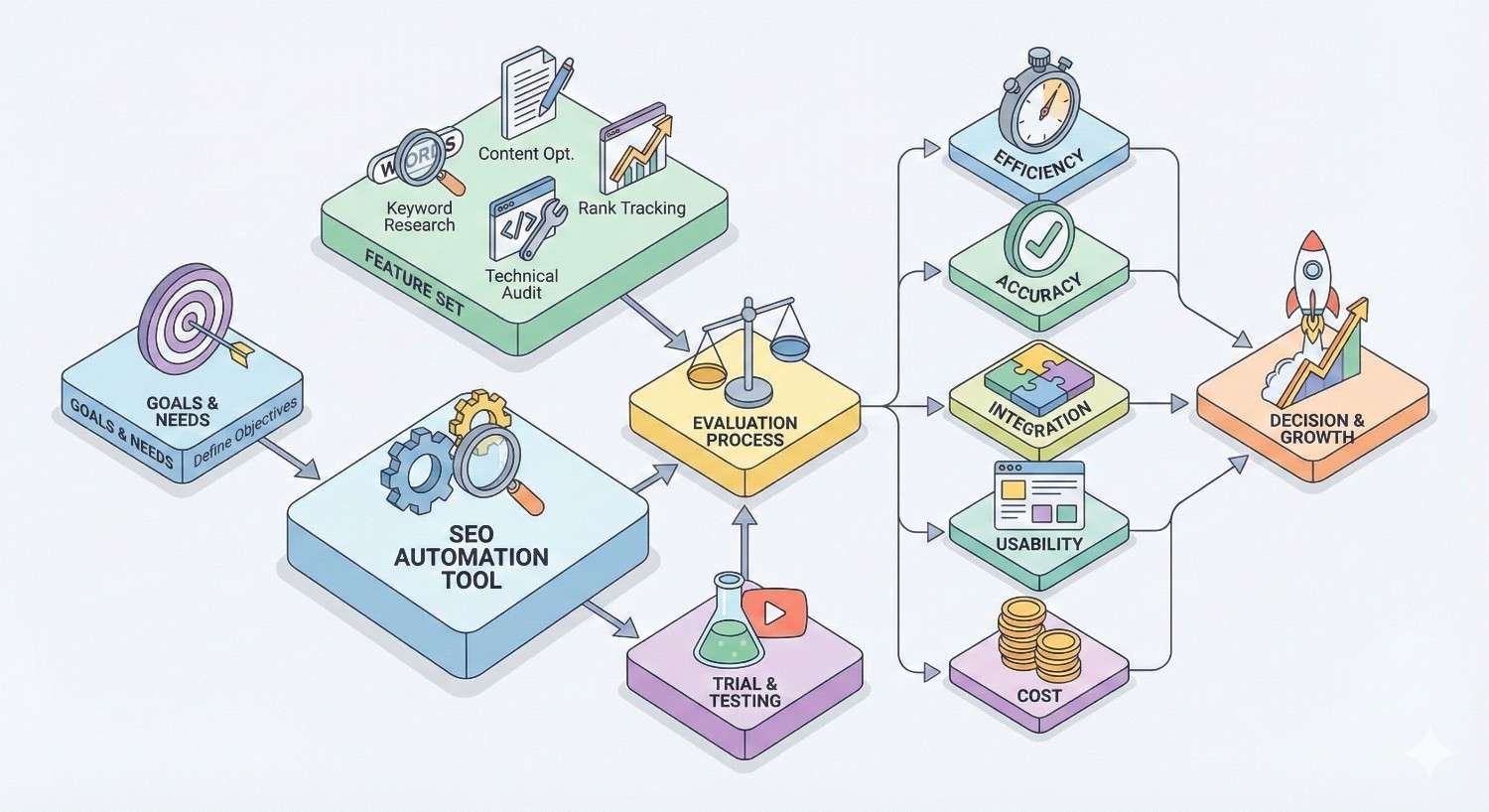 An infographic showing how goals feed into an SEO automation tool with features like keyword research, content optimization, audits, and rank tracking, followed by evaluation and testing, assessing efficiency, accuracy, integration, usability, and cost to reach decision-making and growth.