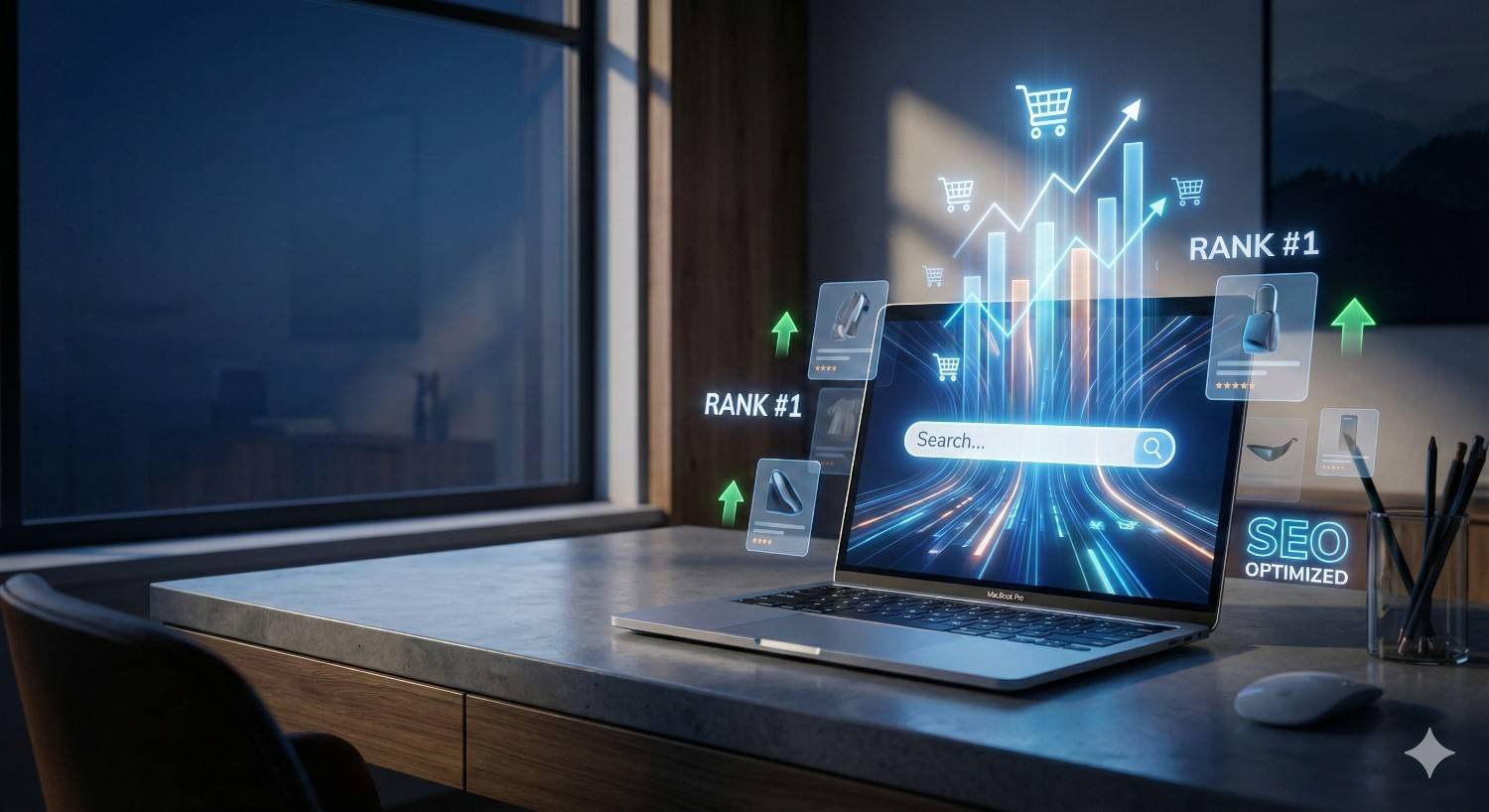 Laptop on a desk displaying an ecommerce search bar with glowing SEO graphics, rising charts, shopping cart icons, “Rank #1” labels, product cards, and upward arrows, symbolizing improved search rankings, online visibility, and sales growth in a modern workspace.