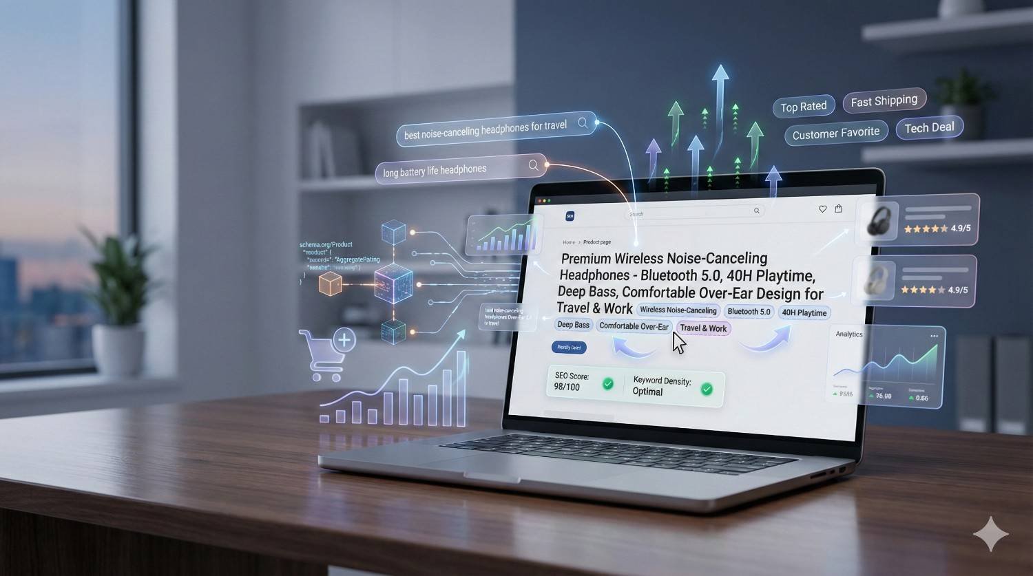 A laptop displays an optimized headphone product page with long-form SEO description, keywords, schema elements, ratings, analytics graphs, and upward ranking arrows, illustrating ecommerce SEO strategy, conversion optimization, and performance growth in a modern workspace.