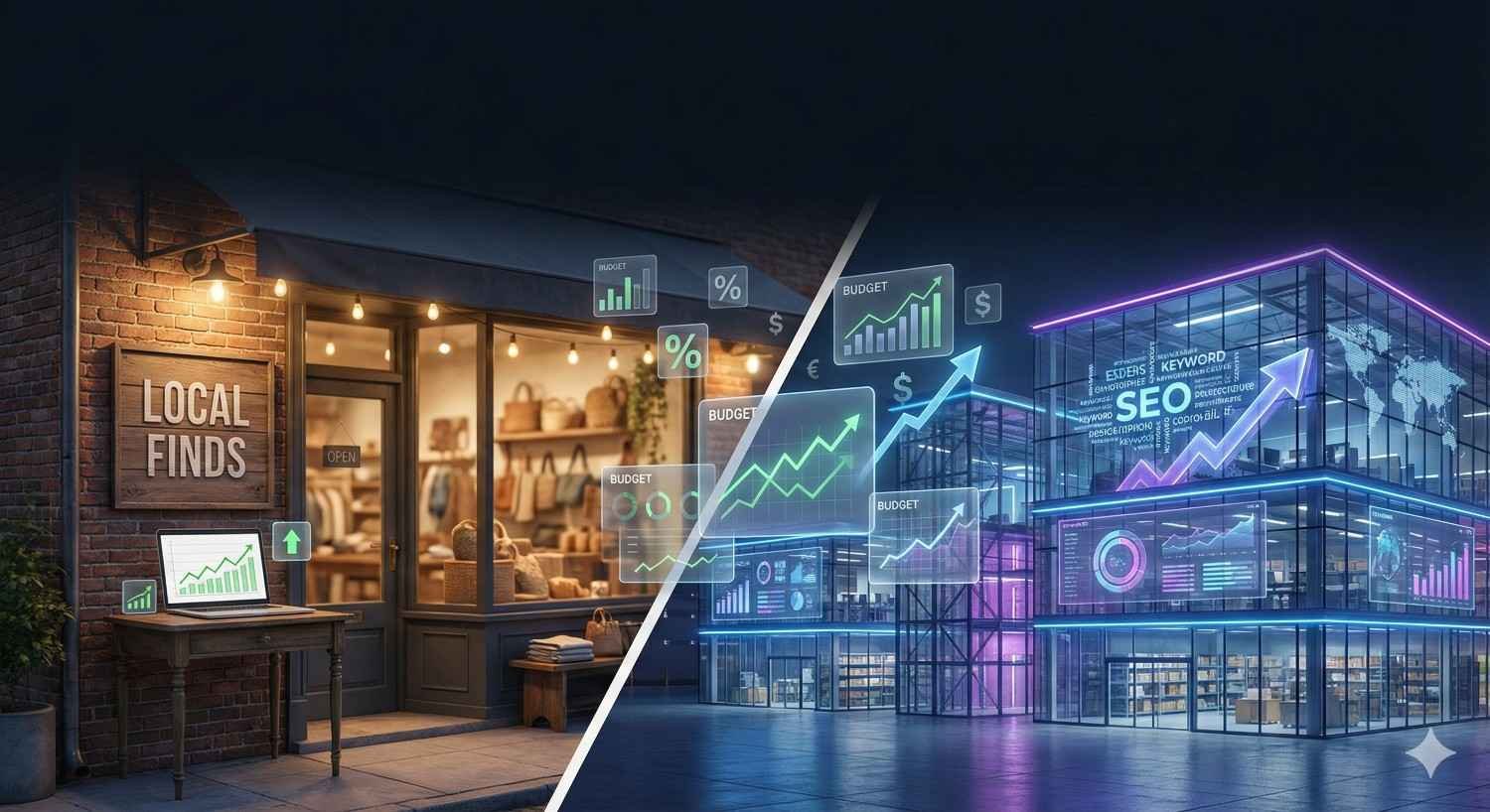 Split scene showing a small local shop with modest sales charts contrasted with a large ecommerce building covered in glowing SEO dashboards, budget graphs, keyword analytics, and rising growth lines, illustrating scaling from local retail to digital expansion.