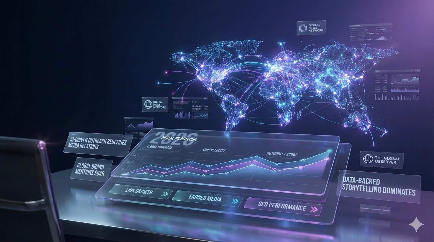 A futuristic holographic dashboard displays a glowing world map with interconnected data lines, analytics charts, SEO metrics, and media performance graphs floating above a sleek glass interface in purple-blue lighting, suggesting global digital outreach, data-driven storytelling, and international network growth.