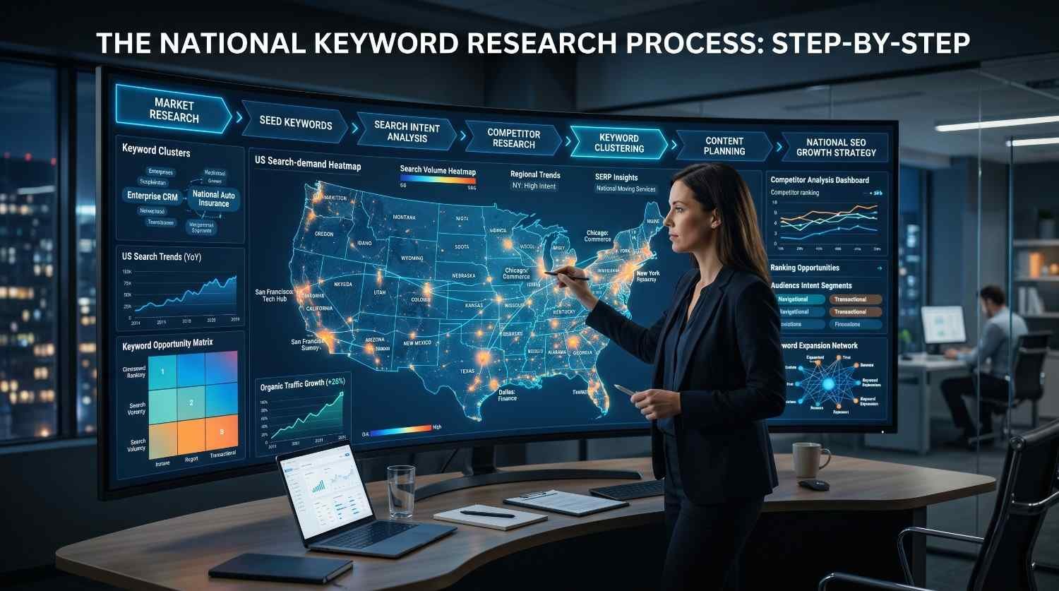 National keyword research process dashboard showing market research, seed keywords, search intent analysis, competitor research, keyword clustering, content planning, and SEO growth strategy. Marketing analyst reviewing U.S. search trends, keyword opportunities, SERP insights, and traffic data on an interactive digital display for search engine optimization campaigns.
