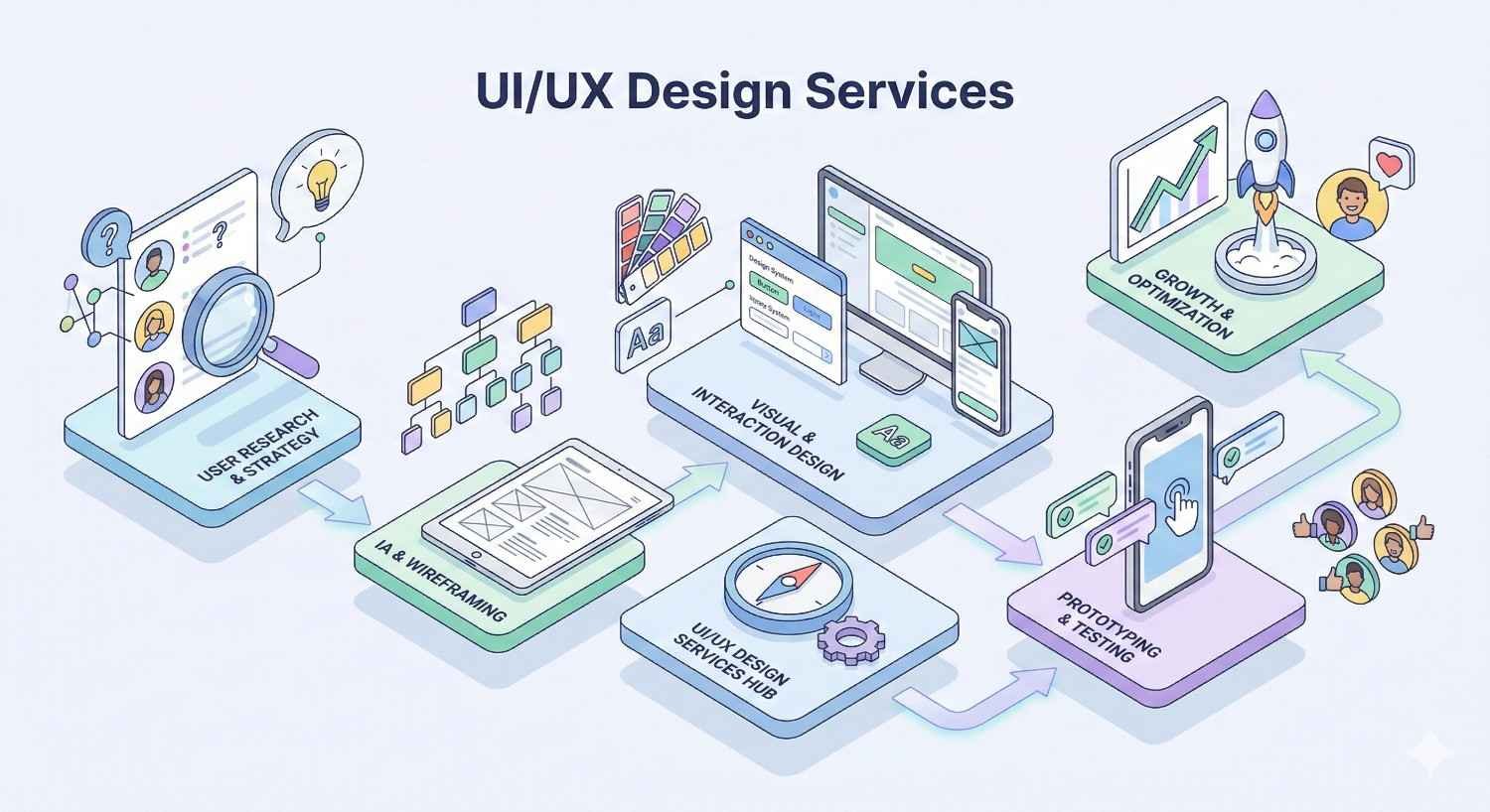 Isometric infographic titled “UI/UX Design Services” showing a workflow from user research and strategy to IA and wireframing, visual and interaction design, prototyping and testing, and growth optimization, with icons for screens, palettes, rockets, feedback avatars, charts, and arrows connecting each stage.