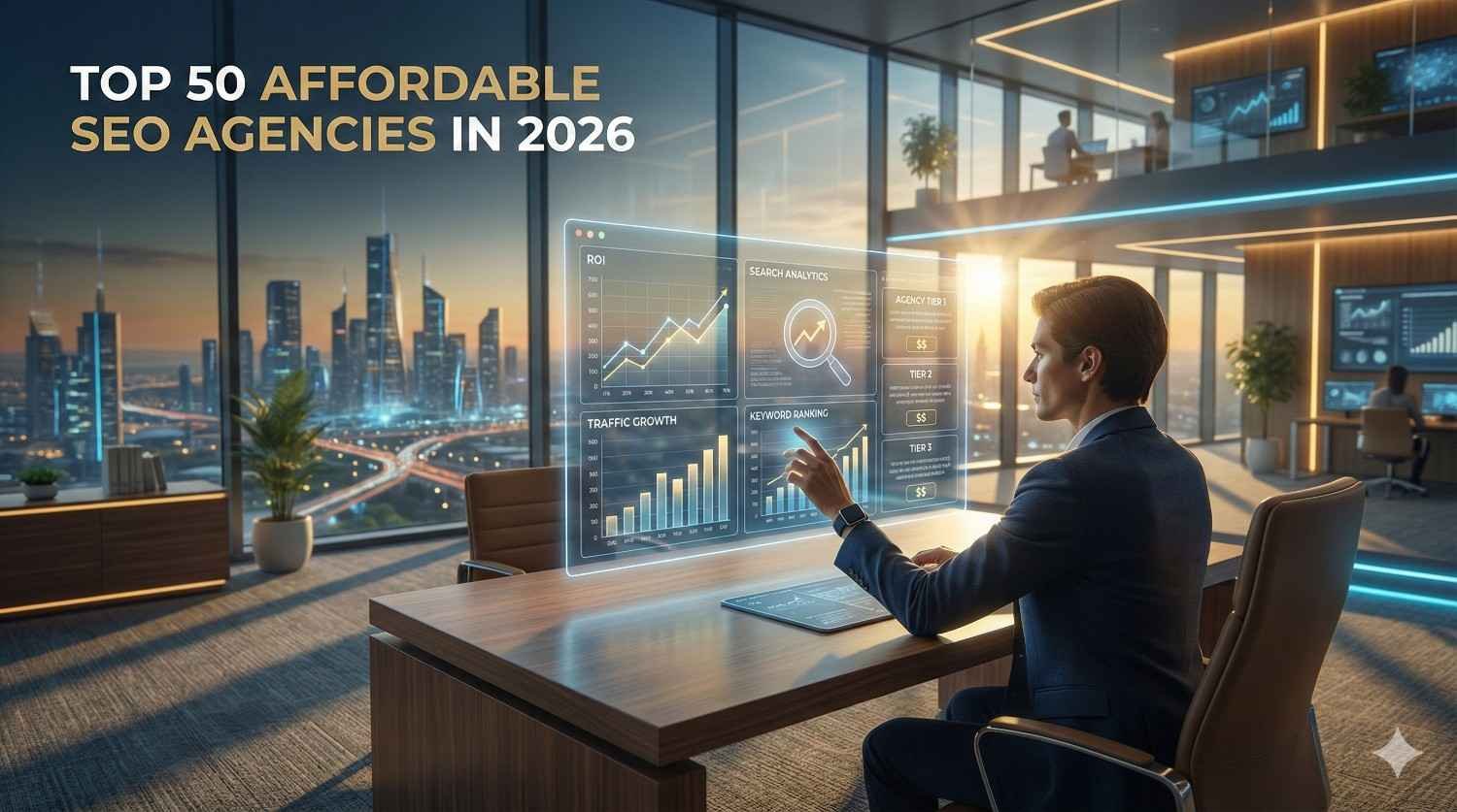A business professional sits in a modern glass office overlooking a city skyline, interacting with holographic dashboards showing SEO metrics, charts, and analytics, alongside the headline “Top 50 Affordable SEO Agencies in 2026.”