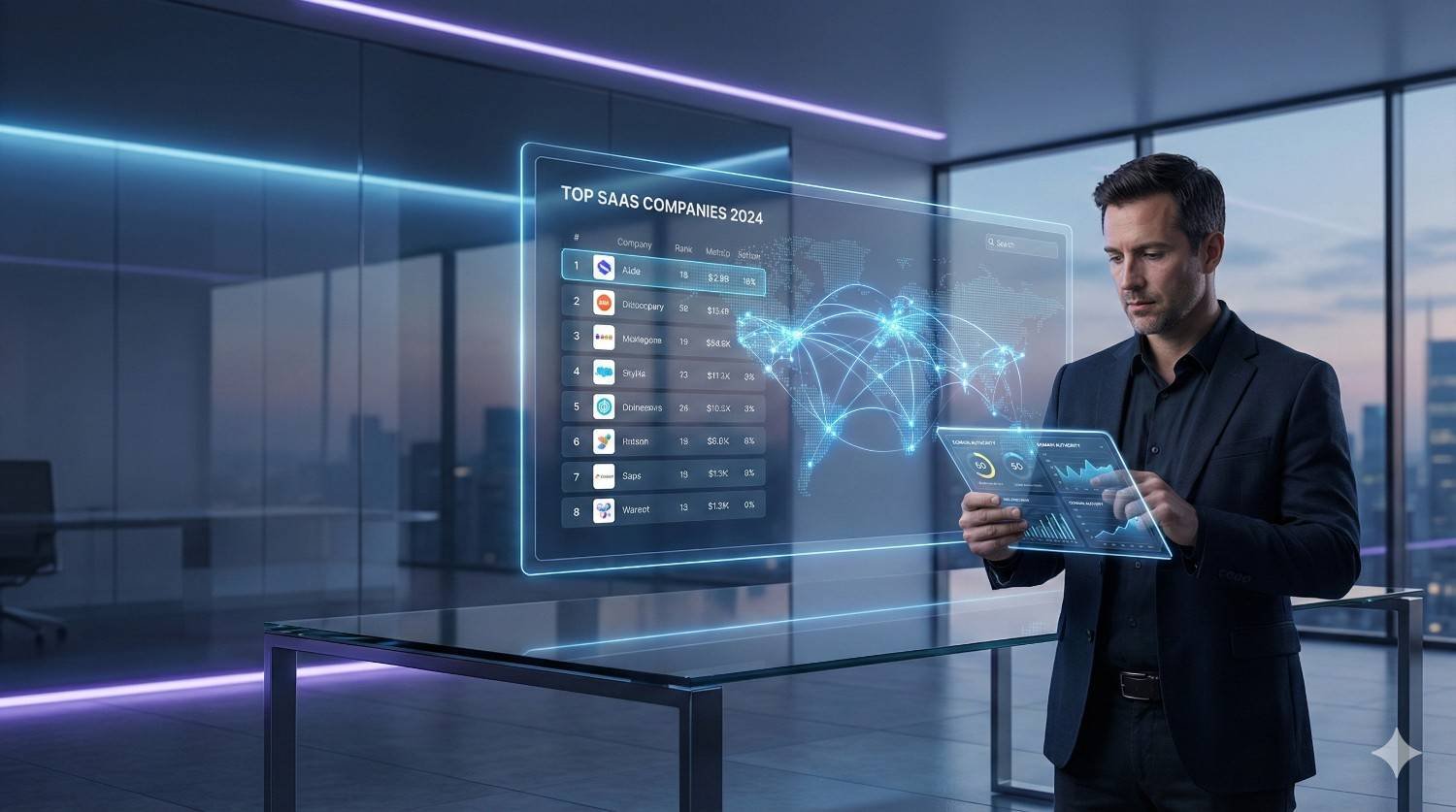 A business professional in a modern office holds a transparent tablet while a holographic screen displays “Top SaaS Companies 2024,” rankings, charts, and a glowing world network map, reflected on a glass table with neon accent lighting in the background.