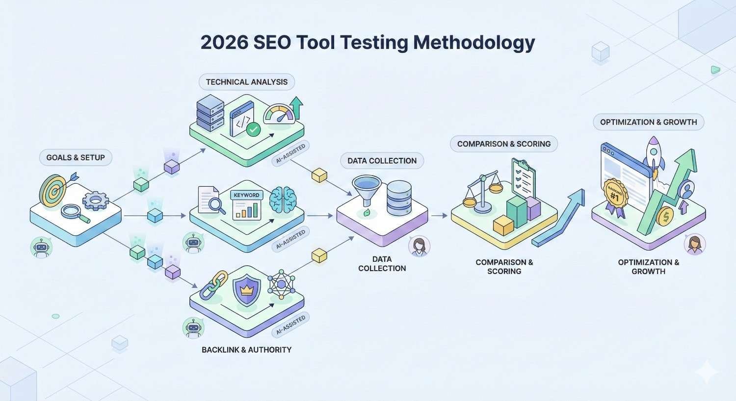 Infographic titled “2026 SEO Tool Testing Methodology” showing workflow from goals and setup through technical analysis, keyword research, backlink authority, data collection, comparison and scoring, and final optimization and growth with arrows and analytics icons.