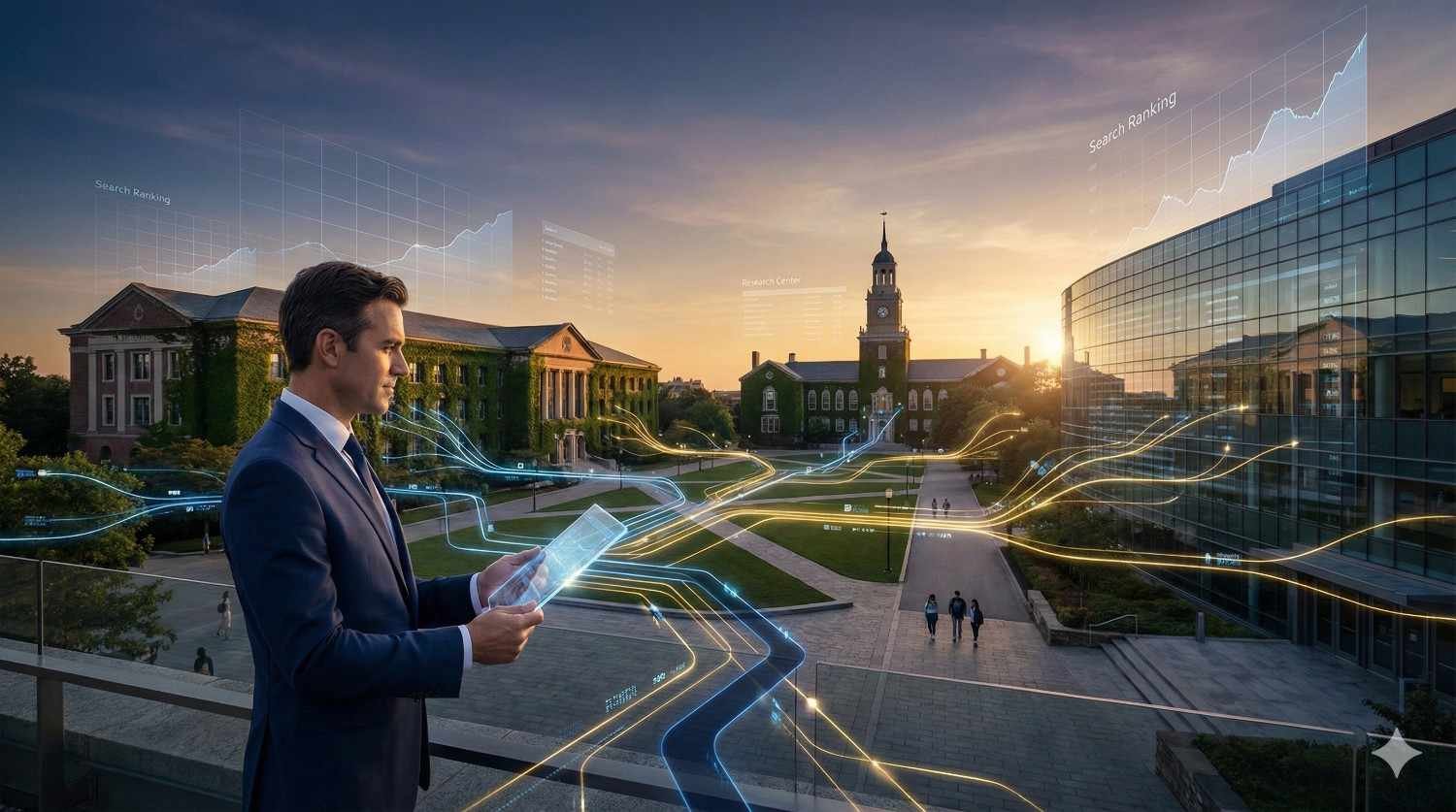A suited professional stands on a university-style campus at sunset, viewing a transparent tablet while glowing data streams and ranking charts flow across pathways and buildings, symbolizing SEO analytics, search visibility growth, and digital performance tracking in a real-world environment.